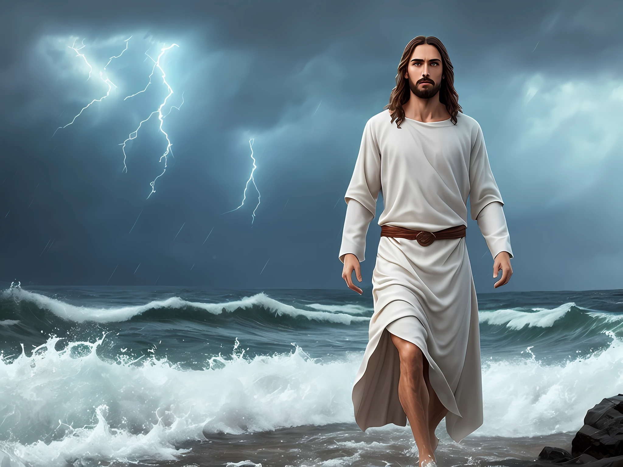 jesus walking on water in a storm, masterpiece, best quality, high quality, extremely detailed CG unit 8k wallpaper, award winning photography, Bokeh, Depth of Field, HDR, bloom, Chromatic aberration, photorealistic, extremely detailed, trending on artstation, trending on CGsociety, intricate, high detail, dramatic, mid-journey art, volumetric lighting