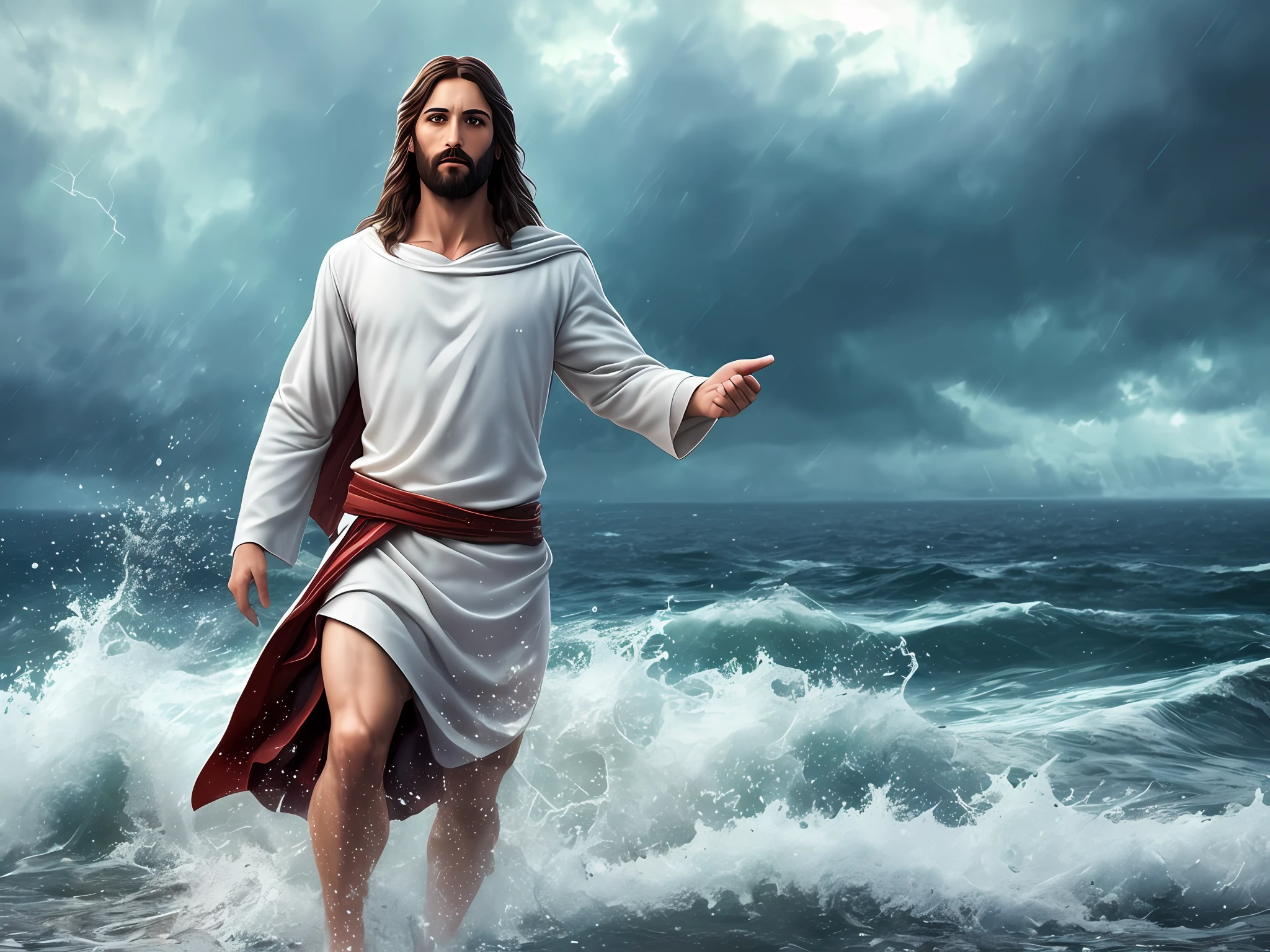 jesus walking on water in a storm, masterpiece, best quality, high quality, extremely detailed CG unit 8k wallpaper, award winning photography, Bokeh, Depth of Field, HDR, bloom, Chromatic aberration, photorealistic, extremely detailed, trending on artstation, trending on CGsociety, intricate, high detail, dramatic, mid-journey art, volumetric lighting