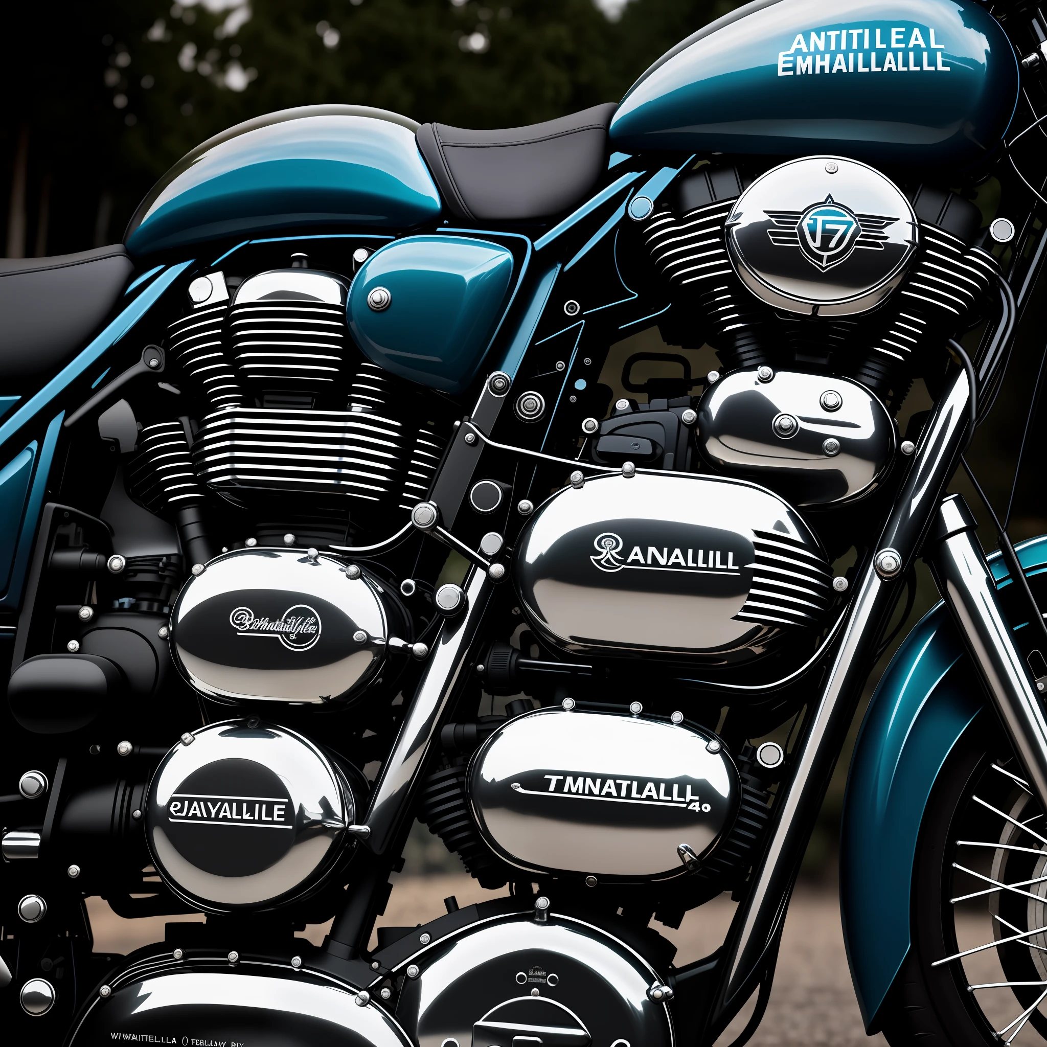 Ultra-realistic Royal Enfield gasoline motorcycle engine, vibrant details, low view, best quality, masterpiece, octane rendering, dark atmosphere, depth of field, bokeh