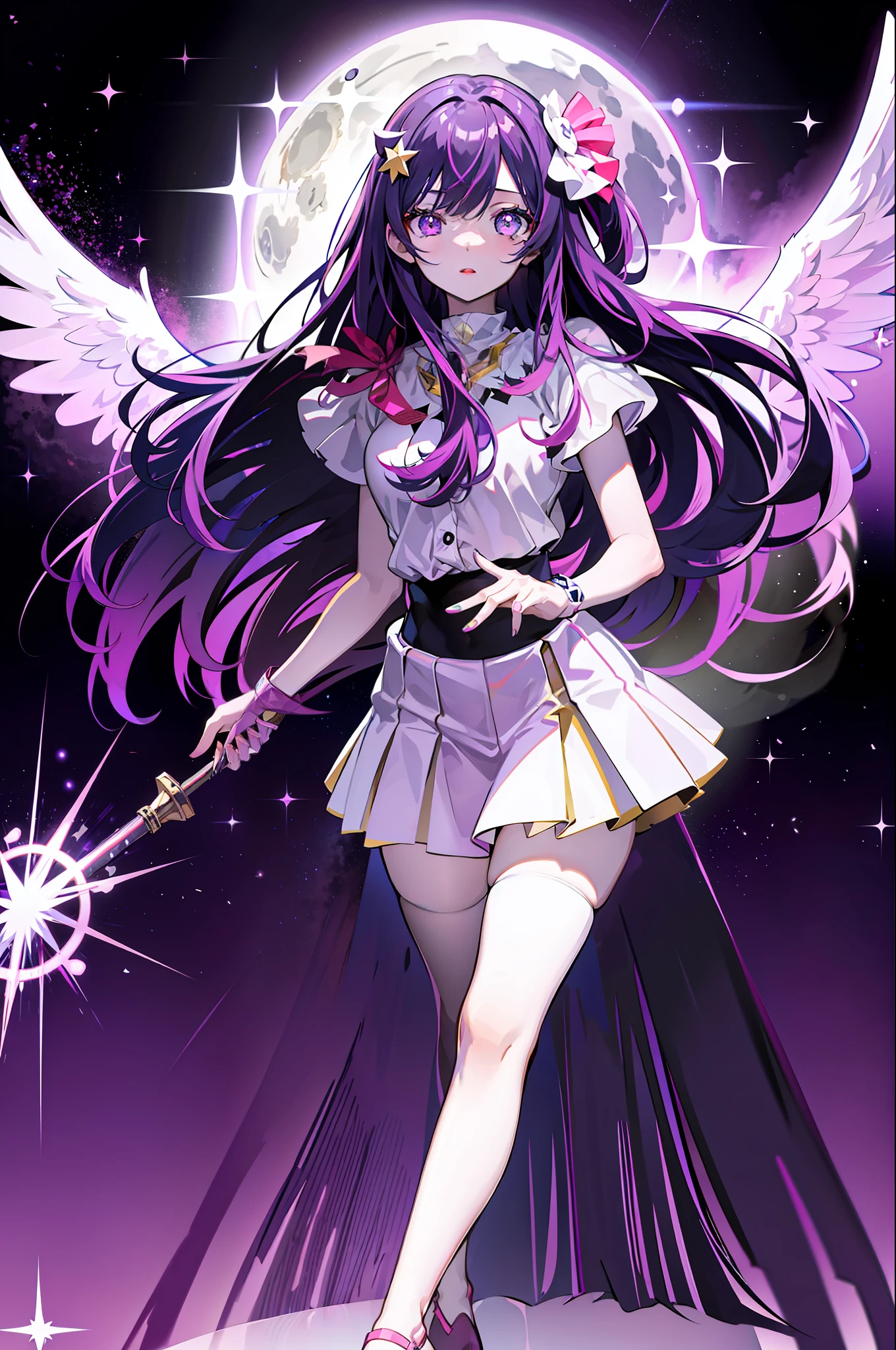 1girl, solo, Hoshino Ai, symbol-shaped pupils, star-shaped pupils, purple eyes, sparkling eyes, star in eye, symbol in eye, purple hair, long hair, angle outfit (masterpiece:1.2), highres, best quality, 8k, very clear, moon background, floating, singing, angel wings, purple sky