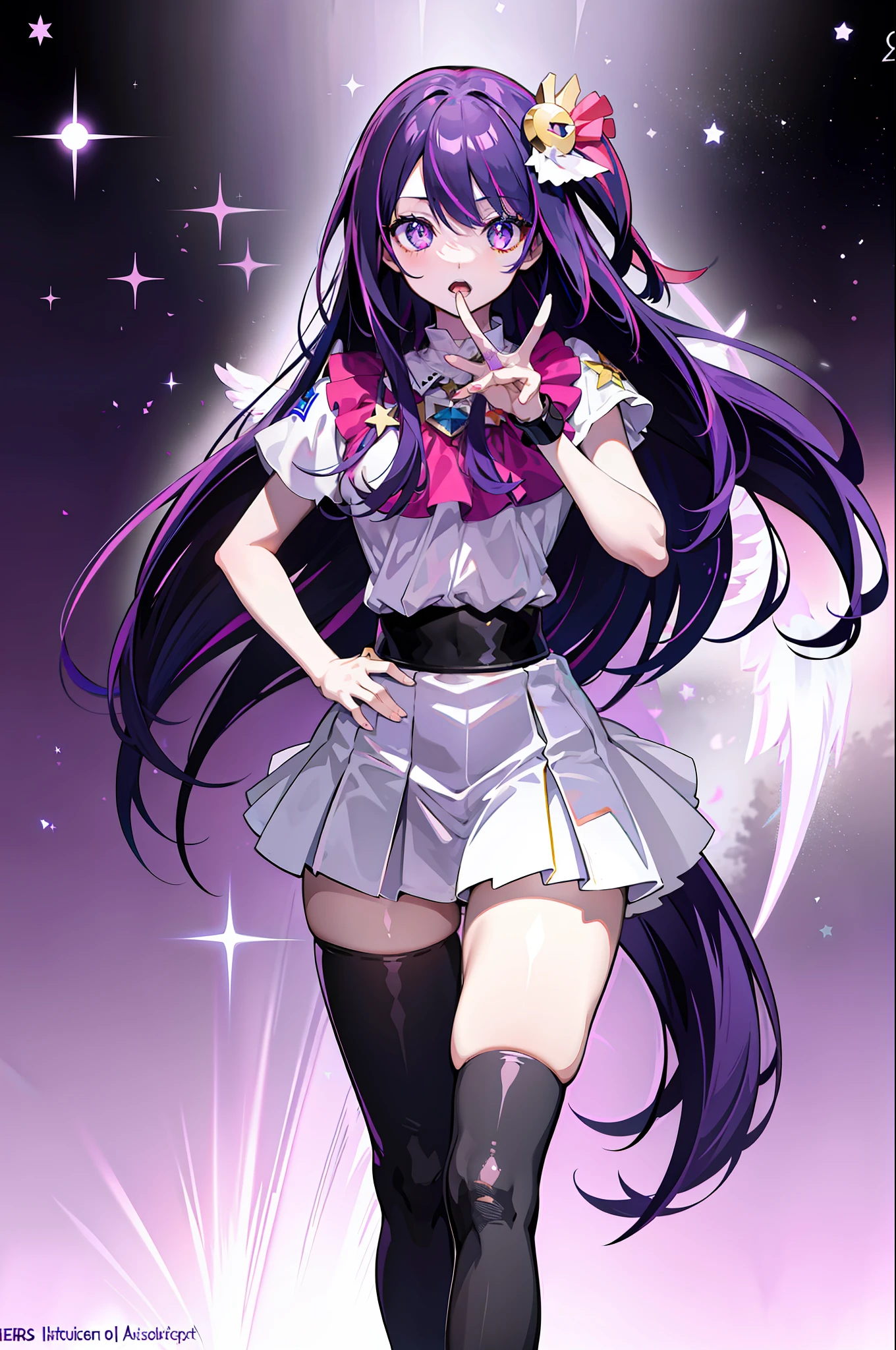 1girl, solo, Hoshino Ai, symbol-shaped pupils, star-shaped pupils, purple eyes, sparkling eyes, star in eye, symbol in eye, purple hair, long hair, angle outfit (masterpiece:1.2), highres, best quality, 8k, very clear, moon background, floating, singing, angel wings, purple sky