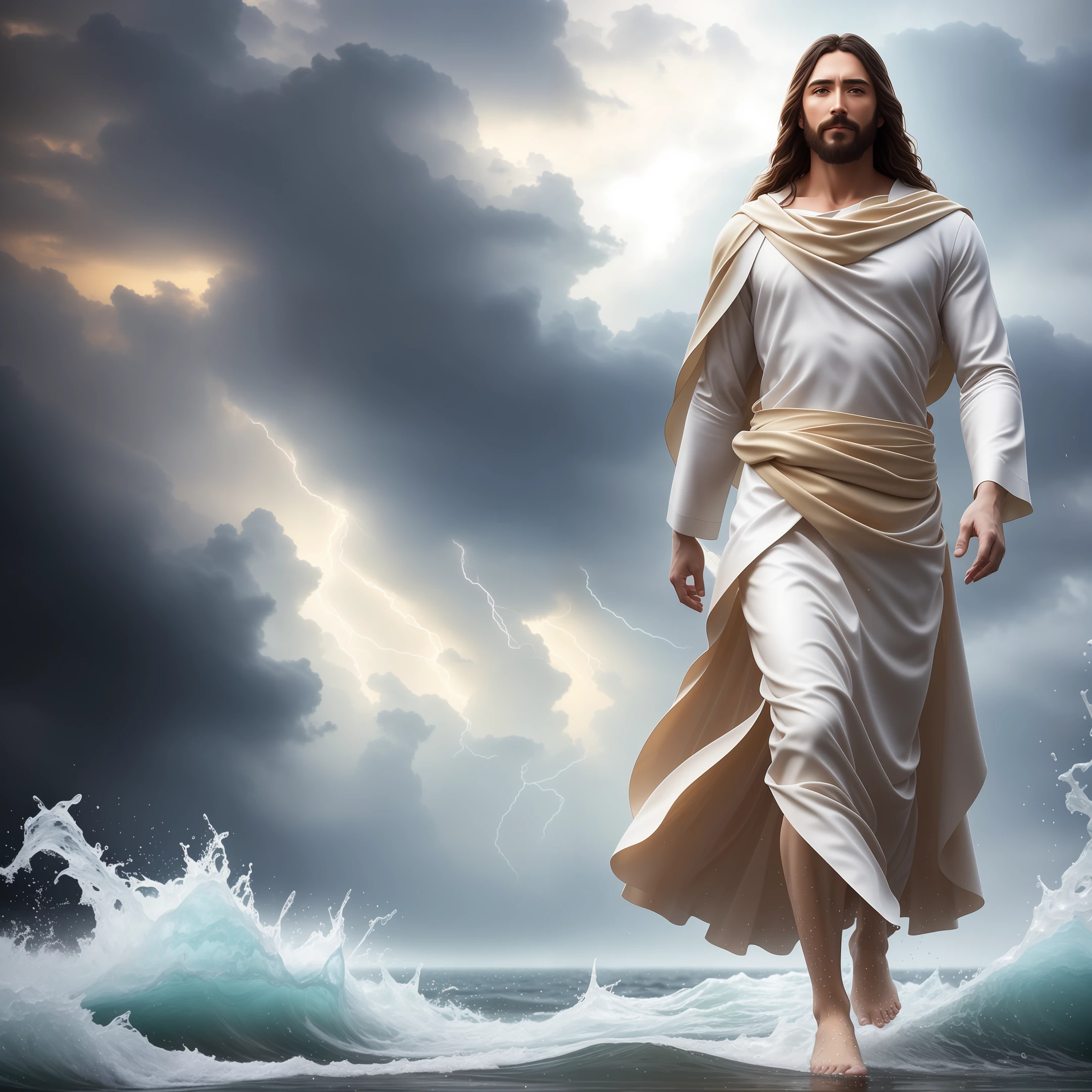 jesus walking on water in a storm, masterpiece, best quality, high quality, extremely detailed CG unit 8k wallpaper, award winning photography, Bokeh, Depth of Field, HDR, bloom, Chromatic aberration, photorealistic, extremely detailed, trending on artstation, trending on CGsociety, intricate, high detail, dramatic, mid-journey art, volumetric lighting