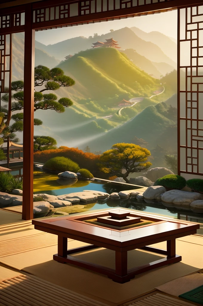 Beautiful Chinese Zen garden on the hills photo, golden ratio, cinematic lighting, intricate details, 8K detail post-processing, hype realism, professional photos, soft focus, F2.8, post-processing