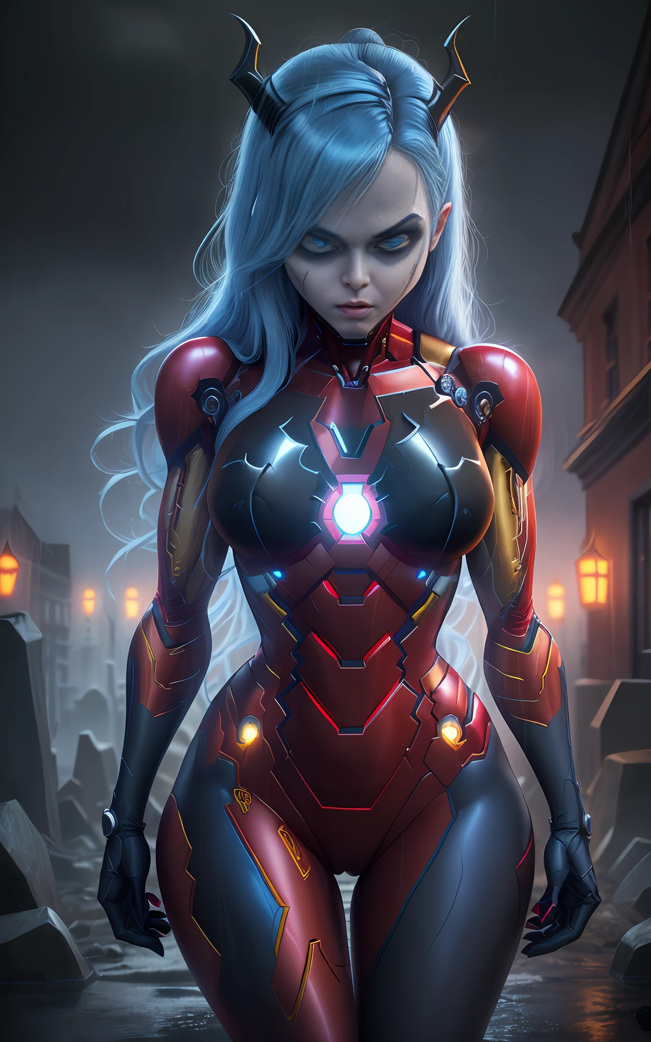 16k image, Unreal Engine 5, cartoon style, ((woman/demon/skeleton/zombie/iron man/Batman/spider-man/Samus Aran)), long blue hair, blue eyes, looking at the viewer, in a macabre graveyard with heavy rain with thunder.