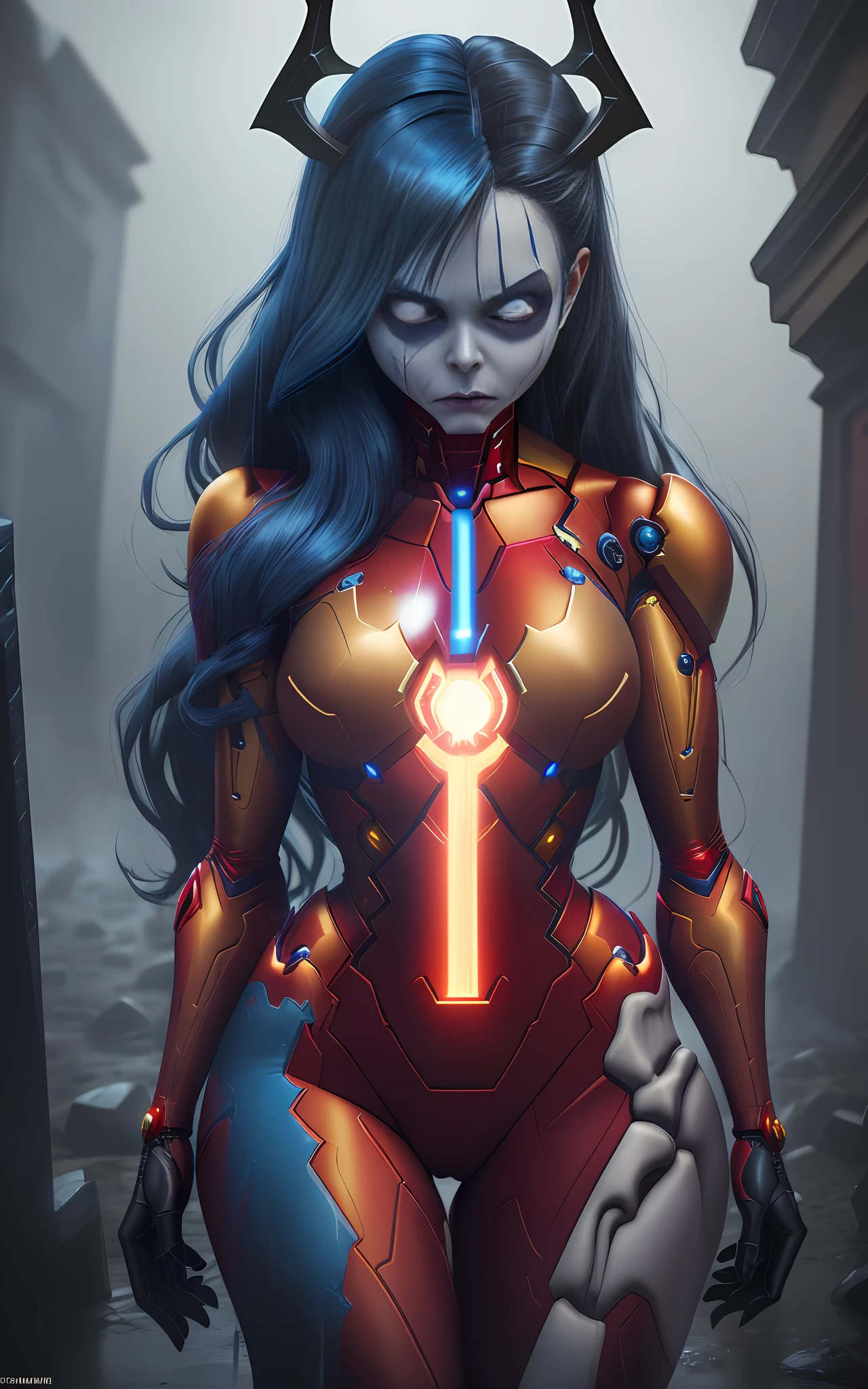 16k image, Unreal Engine 5, cartoon style, ((woman/demon/skeleton/zombie/iron man/Batman/spider-man/Samus Aran)), long blue hair, blue eyes, looking at the viewer, in a macabre graveyard with heavy rain with thunder.
