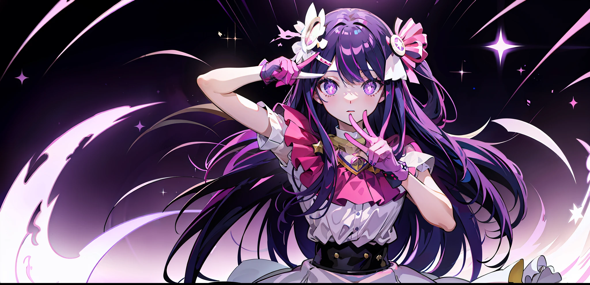 1girl, solo, Hoshino Ai, symbol-shaped pupils, star-shaped pupils, purple eyes, sparkling eyes, star in eye, symbol in eye, purple hair, long hair, angle outfit (masterpiece:1.2), highres, best quality, 8k, very clear, moon background, floating, singing, angel wings, purple sky