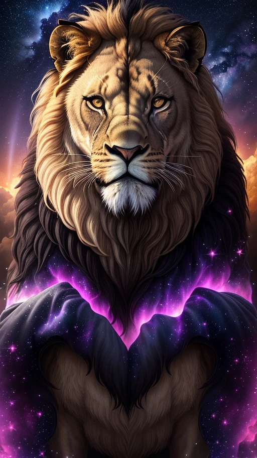 (large imposing realistic lion, living nebula), night sky, Milky Way, bright stars, strong contrast, hairy texture of lion skin, vivid and bright eyes.