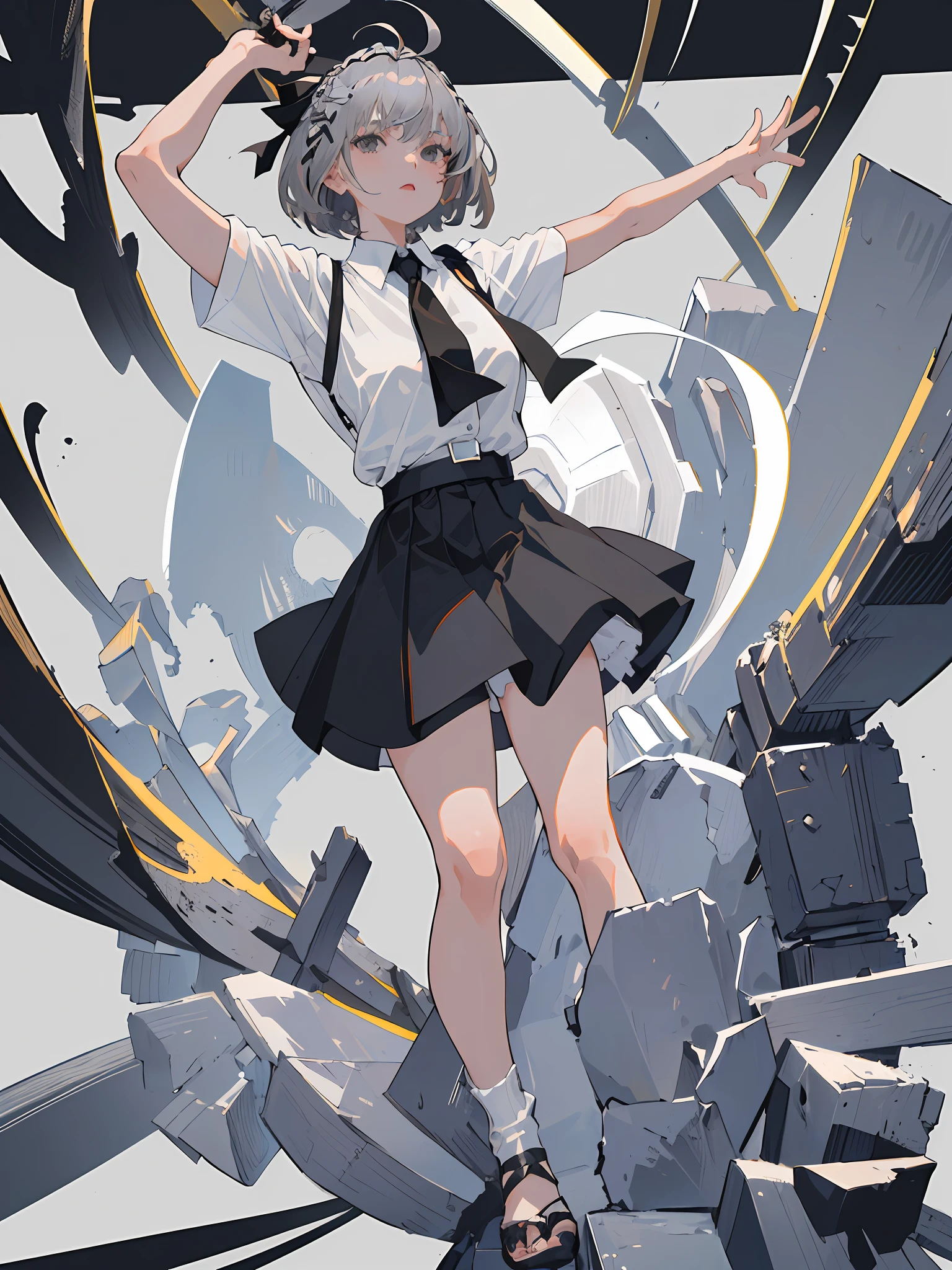 ((masterpiece, top quality), (one girl), (solo), (female focus), (ahoge, gray hair, short hair), black eyes, (white shirt), (black skirt), (black skirt), standing, white background, arms behind