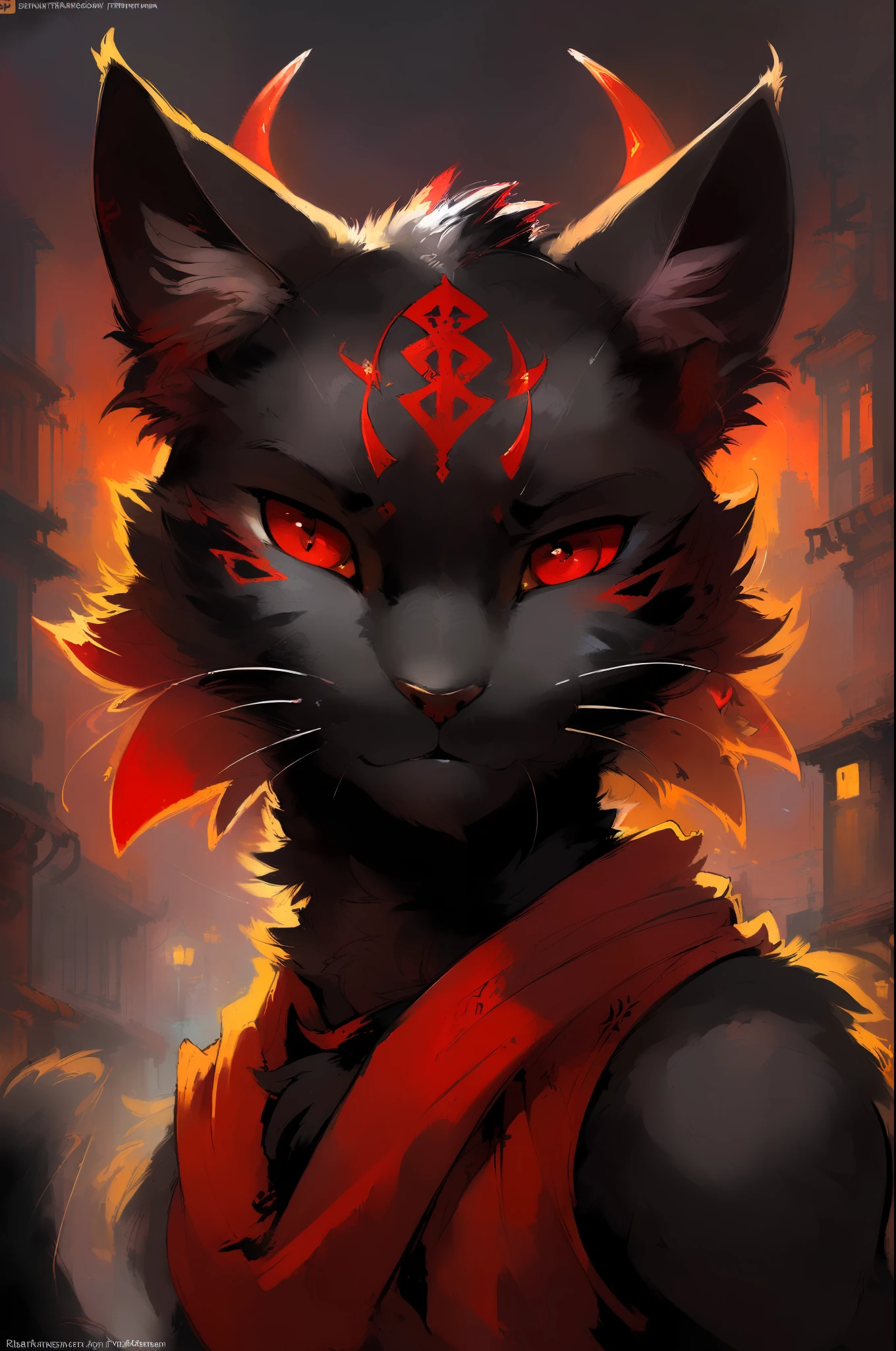 ((beautiful, masterpiece, 4k, 8k, high-res, sharp lighting, kenket, Ross Tran, ruan jia, detailed eyes, detailed face)), solo, masculine, (((a black cat with red eyes))), sharp eyes, (((demon horrns on forehead with red to black fade))), tired expression while looking at viewer, street-style clothing, night city background