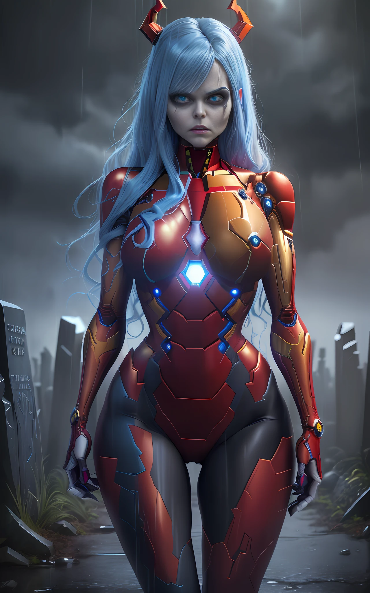 16k image, Unreal Engine 5, cartoon style, ((woman/demon/skeleton/zombie/iron man/Batman/spider-man/Samus Aran)), long blue hair, blue eyes, looking at the viewer, in a macabre graveyard with heavy rain with thunder.