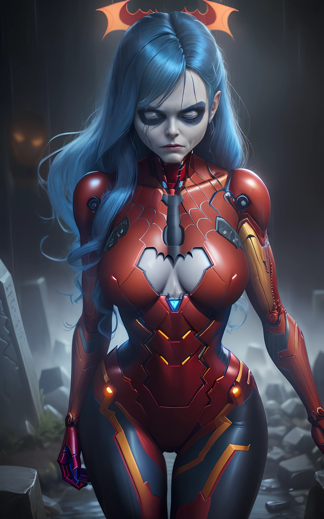 16k image, Unreal Engine 5, cartoon style, ((woman/demon/skeleton/zombie/iron man/Batman/spider-man/Samus Aran)), long blue hair, blue eyes, looking at the viewer, in a macabre graveyard with heavy rain with thunder.