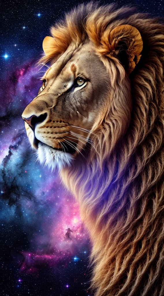 (large imposing realistic lion, living nebula), night sky, Milky Way, bright stars, strong contrast, hairy texture of lion skin, vivid and bright eyes.