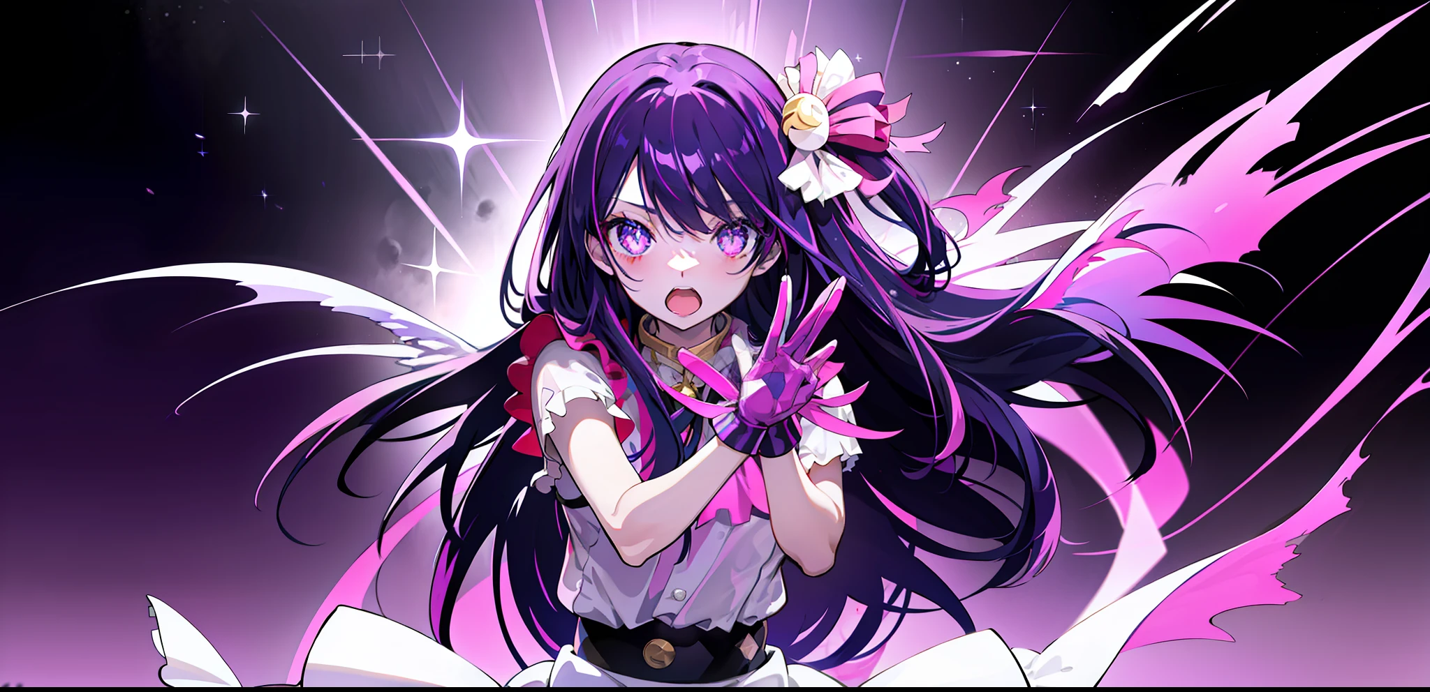 1girl, solo, Hoshino Ai, symbol-shaped pupils, star-shaped pupils, purple eyes, sparkling eyes, star in eye, symbol in eye, purple hair, long hair, angle outfit (masterpiece:1.2), highres, best quality, 8k, very clear, moon background, floating, singing, angel wings, purple sky