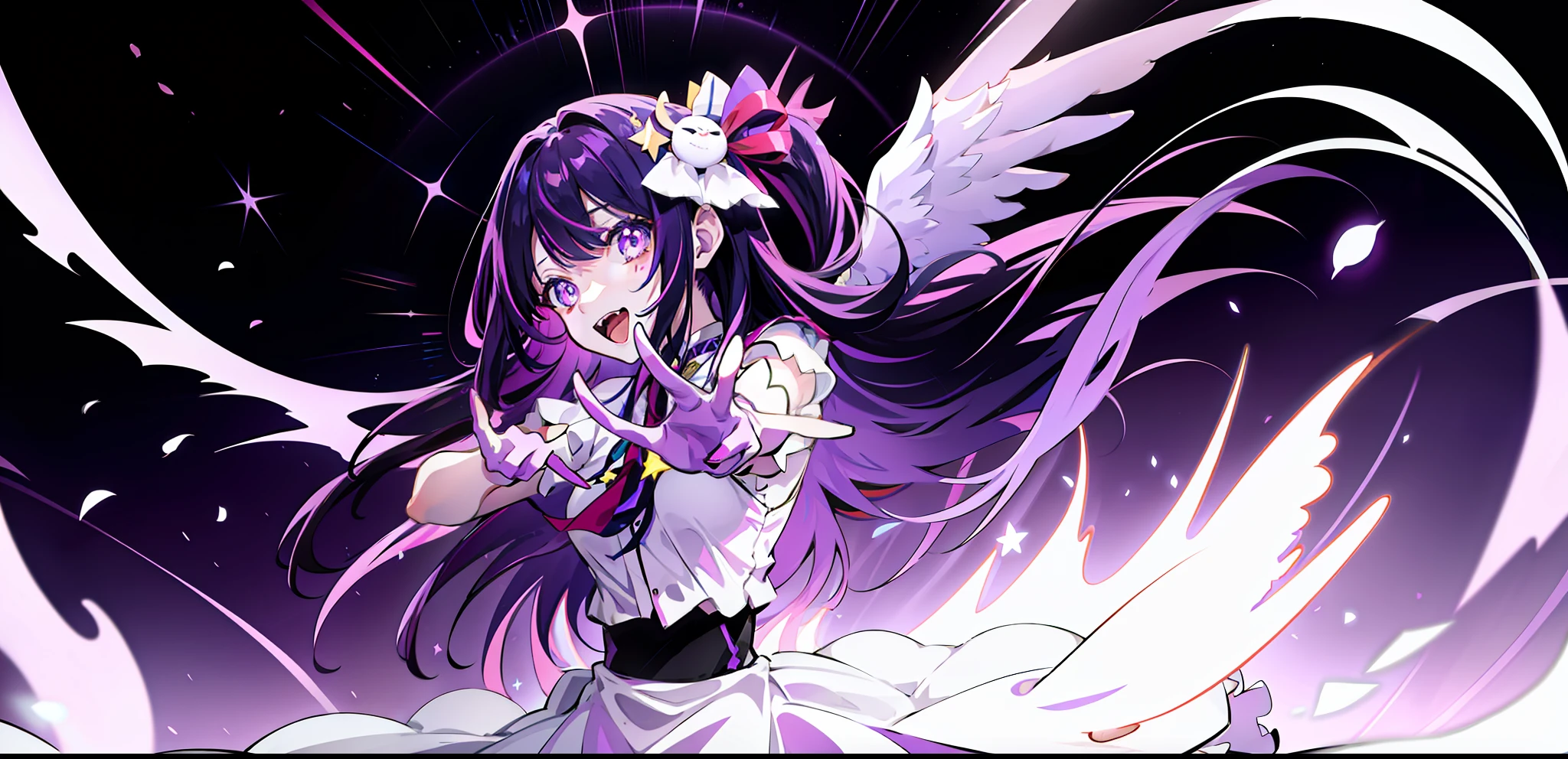 1girl, solo, Hoshino Ai, symbol-shaped pupils, star-shaped pupils, purple eyes, sparkling eyes, star in eye, symbol in eye, purple hair, long hair, angle outfit (masterpiece:1.2), highres, best quality, 8k, very clear, moon background, floating, singing, angel wings, purple sky