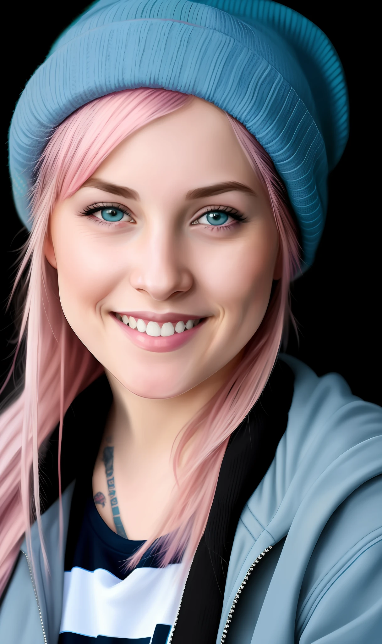 a detailed portrait of girl, pink hair, wearing a blue jacket, wearing a beanie, blue eyes smirk smile, close up, female character, mid smile, black tatoos in the neck, (black background), realistic style, realistic colors