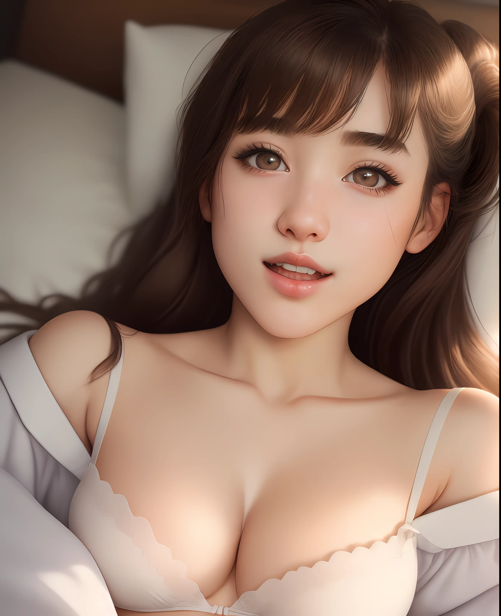 (8k, RAW photo, best quality, masterpiece: 1.2), yjnn, 1girl, 3d, asian, bangs, bare_shoulders, bow, bra, breasts, brown_eyes, brown_hair, neckline, grey_background, lips, long_hair, long_sleeves, looking_at_viewer, medium_breasts, navel, nose, off_shoulder, open_clothes, open_shirt, panties, realistic, shirt, soil, stomach, underwear, undress, upper_body, white_bra, white_panties, white_shirt, Bright skin, beautiful delicate face, beautiful delicate eyes, (realistic, realistic photo: 1), Lie down on the bed