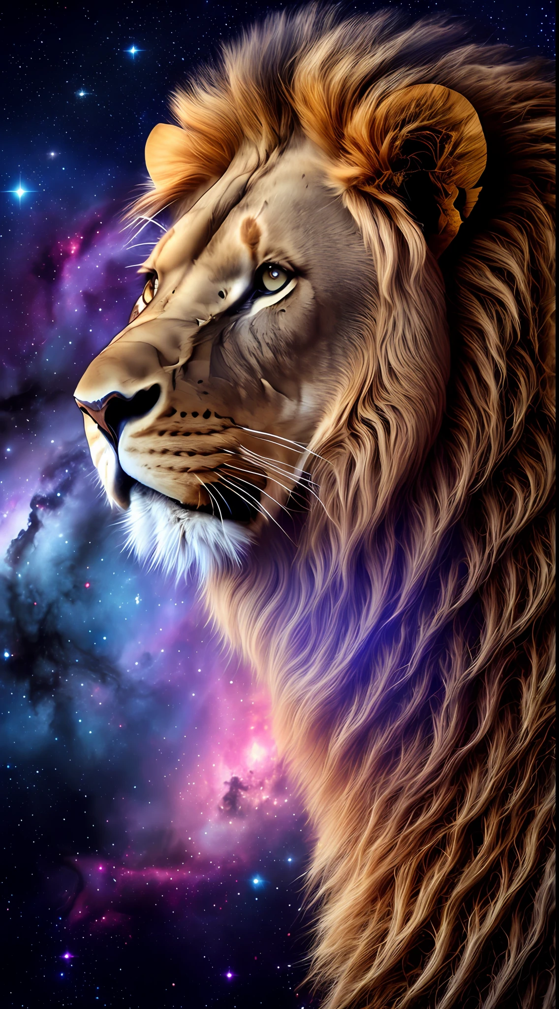 (large imposing realistic lion, living nebula), night sky, Milky Way, bright stars, strong contrast, hairy texture of lion skin, vivid and bright eyes.