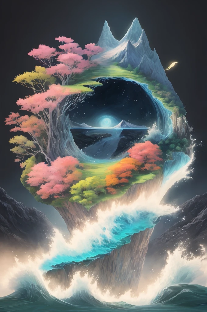 painting of a mountain with a tree and a wave coming out of it, 4k highly detailed digital art, 4k detailed digital art, beautiful art uhd 4 k, 8k stunning artwork, a beautiful artwork illustration, dreamlike digital painting, fantasy art style, deviantart eka's portal, dimensional portal, detailed fantasy digital art, made of tree and fantasy valley