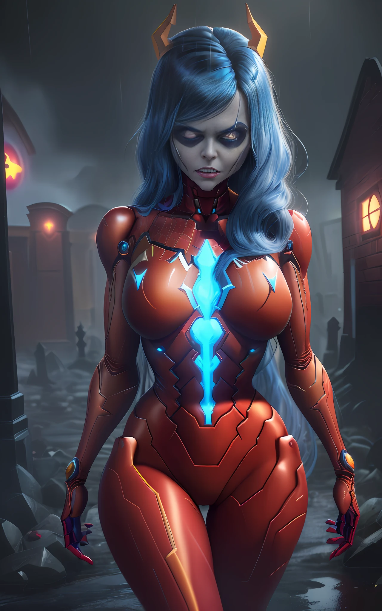 16k image, Unreal Engine 5, cartoon style, ((woman/demon/skeleton/zombie/iron man/Batman/spider-man/Samus Aran/posing for the viewer)), long blue hair, blue eyes, looking at the viewer, in a macabre graveyard with heavy rain with thunder.