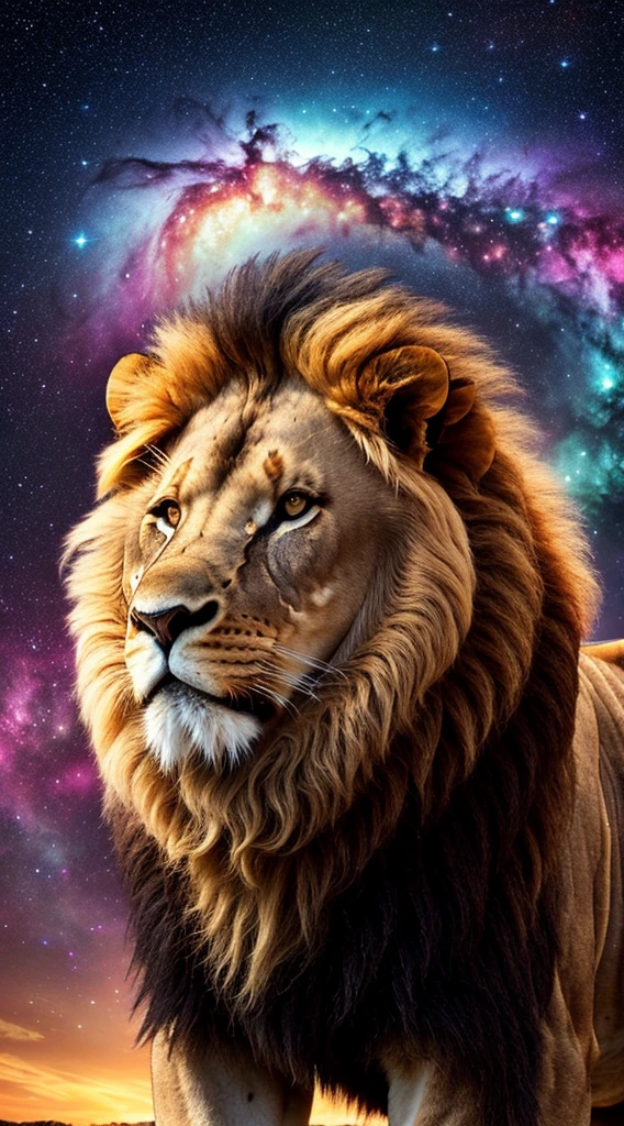 (large imposing realistic lion, living nebula), full body, night sky, Milky Way, bright stars, strong contrast, bright and vivid eyes, ultra realistic, quality