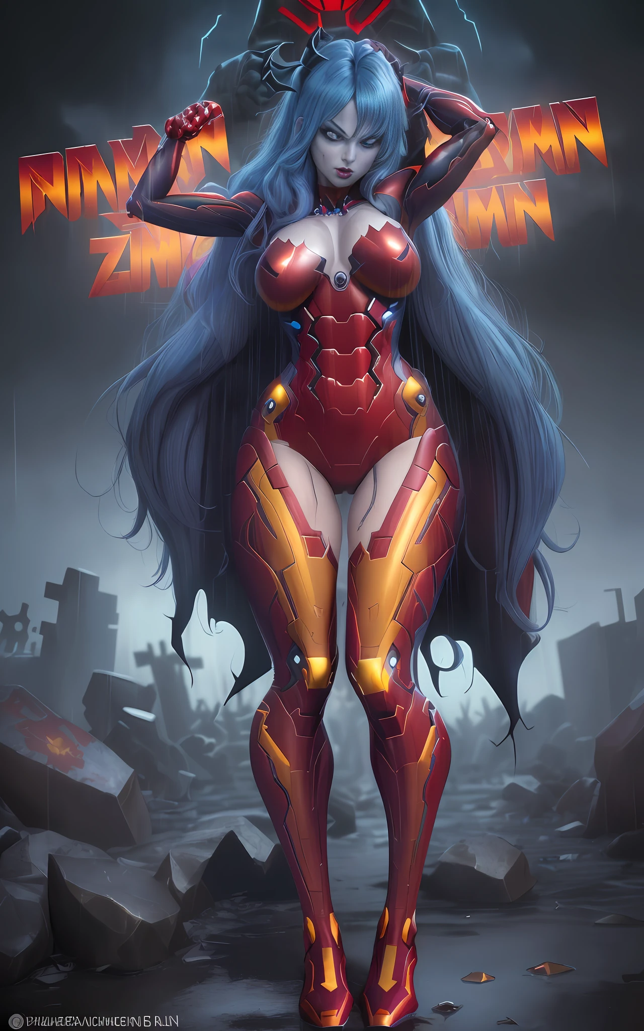 16k image, Unreal Engine 5, cartoon style, ((woman/demon/skeleton/zombie/iron man/Batman/spider-man/Samus Aran/n/pose with arms/pose with legs)), long blue hair, blue eyes, looking at the viewer, in a macabre graveyard with heavy rain with thunder.