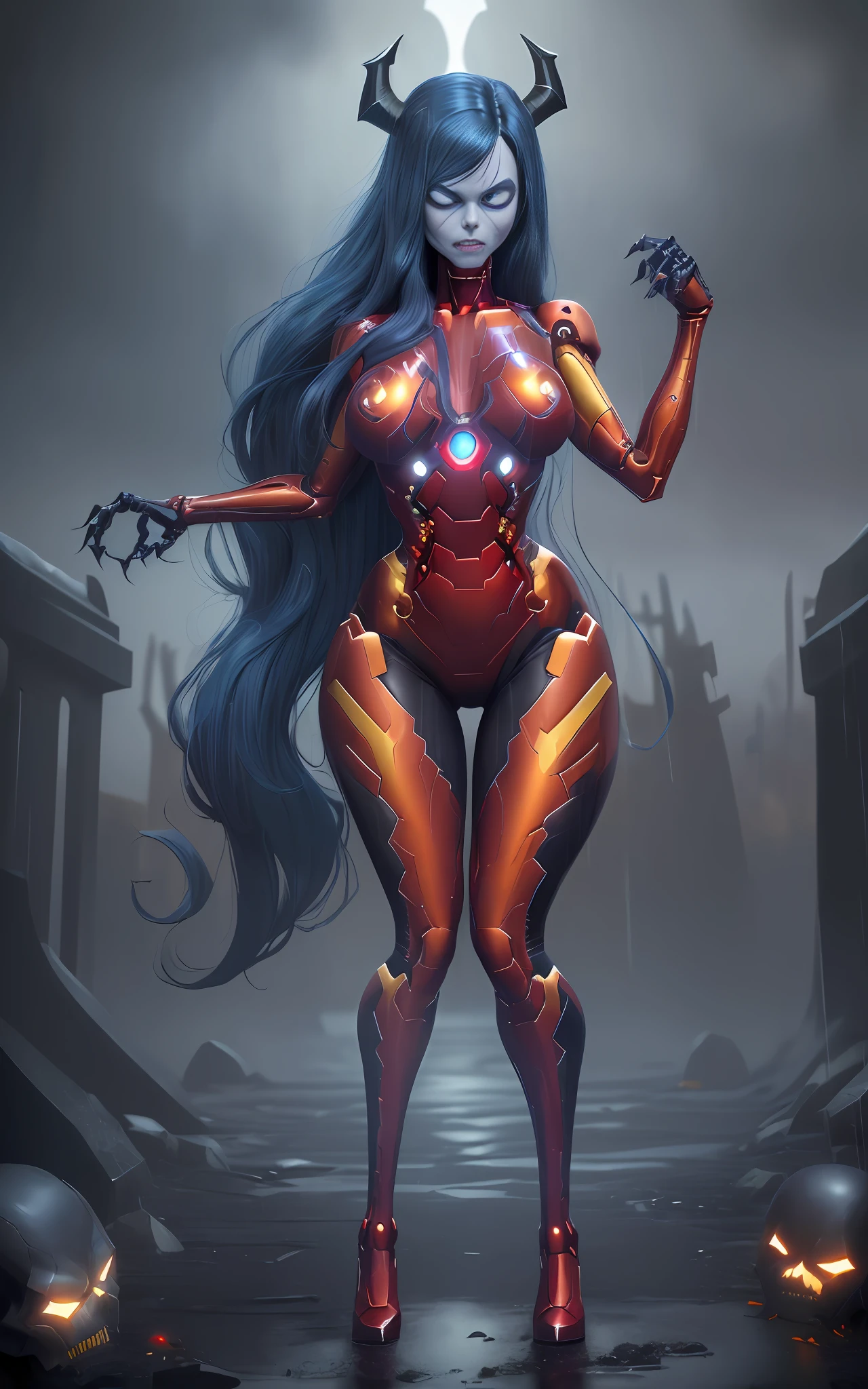 16k image, Unreal Engine 5, cartoon style, ((woman/demon/skeleton/zombie/iron man/Batman/spider-man/Samus Aran/n/pose with arms/pose with legs)), long blue hair, blue eyes, looking at the viewer, in a macabre graveyard with heavy rain with thunder.