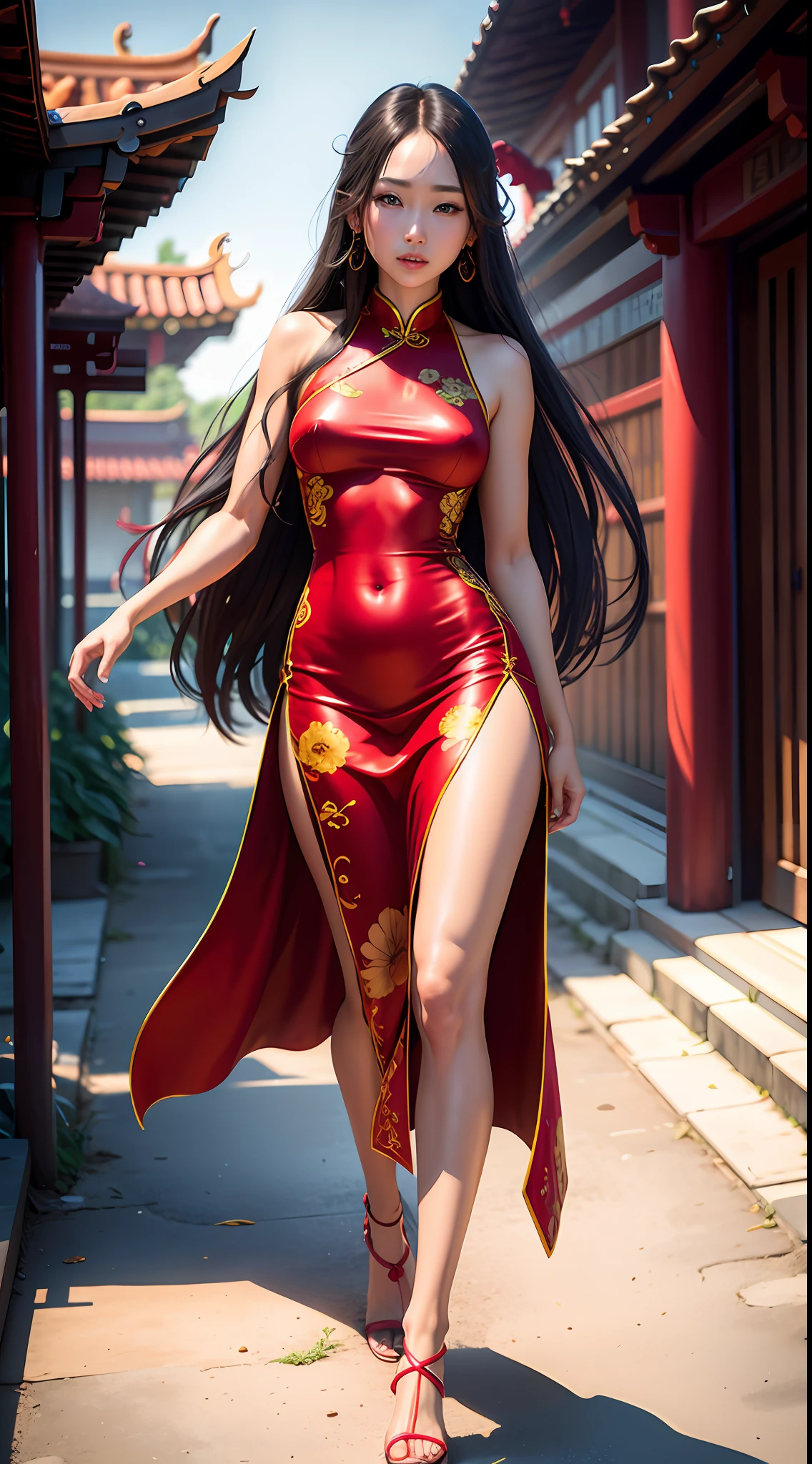(photorealistic:1.4), real photo, 8K UHD,realistic light,Best quality, masterpiece, ultra high res, 1girl , shiny skin best quality,[woman:Ana:0.9],long hair , cruvy figure,( red cheongsam dress), background is Chinese temple , outdoor, sky , ,35mm film , artistic elements that showcase the girl's natural beauty and grace ,