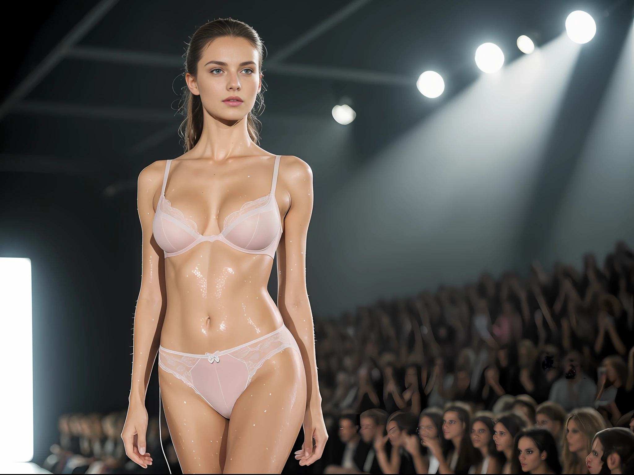 Best quality, masterpiece, super high resolution, a super model walking the catwalk on stage, perfect body shape, slim figure, super beautiful face, pure body, no makeup, pores clearly visible, pink lingerie, big breasts, catwalk pose, (realism: 1.8), original photo, wet body, covered in sweat, bare shoulders, in the dark, deep shadow, low-key, cold light
