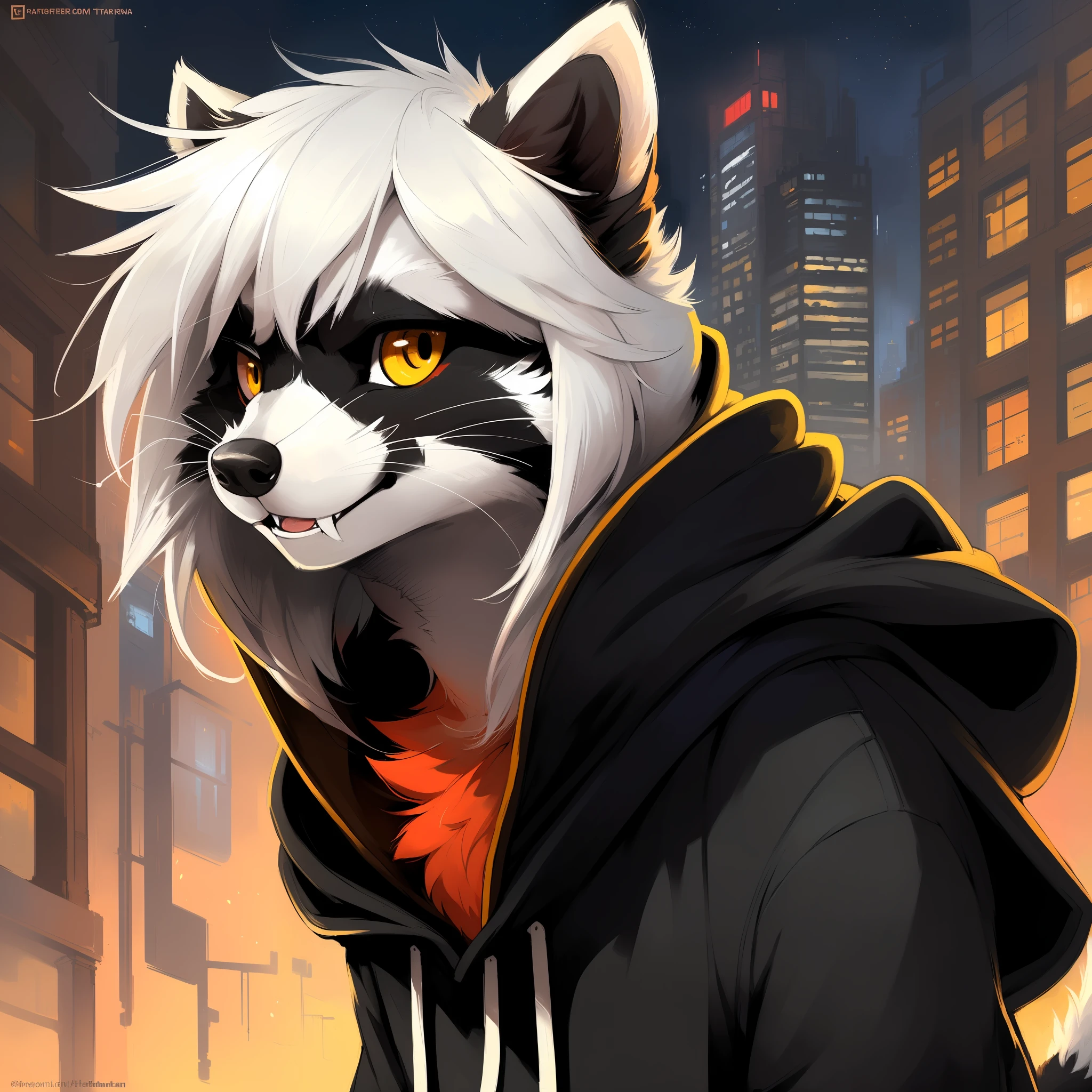 beautiful, masterpiece, 4k, 8k, high-res, sharp lighting, kenket, Ross Tran, ruan jia, detailed eyes, detailed face, detailed illustration, (((raccoon character, long fluffy tail)), red, black and white color palette for RACCOON fur))), (((sharp eyes))), (yellow eyes), (((wearing a black hoodie with the hood pulled up, hoodie has ear-holes, white hair falling into face under the hood))), city at night background, looking at viewer, smiling, fangs showing, portrait