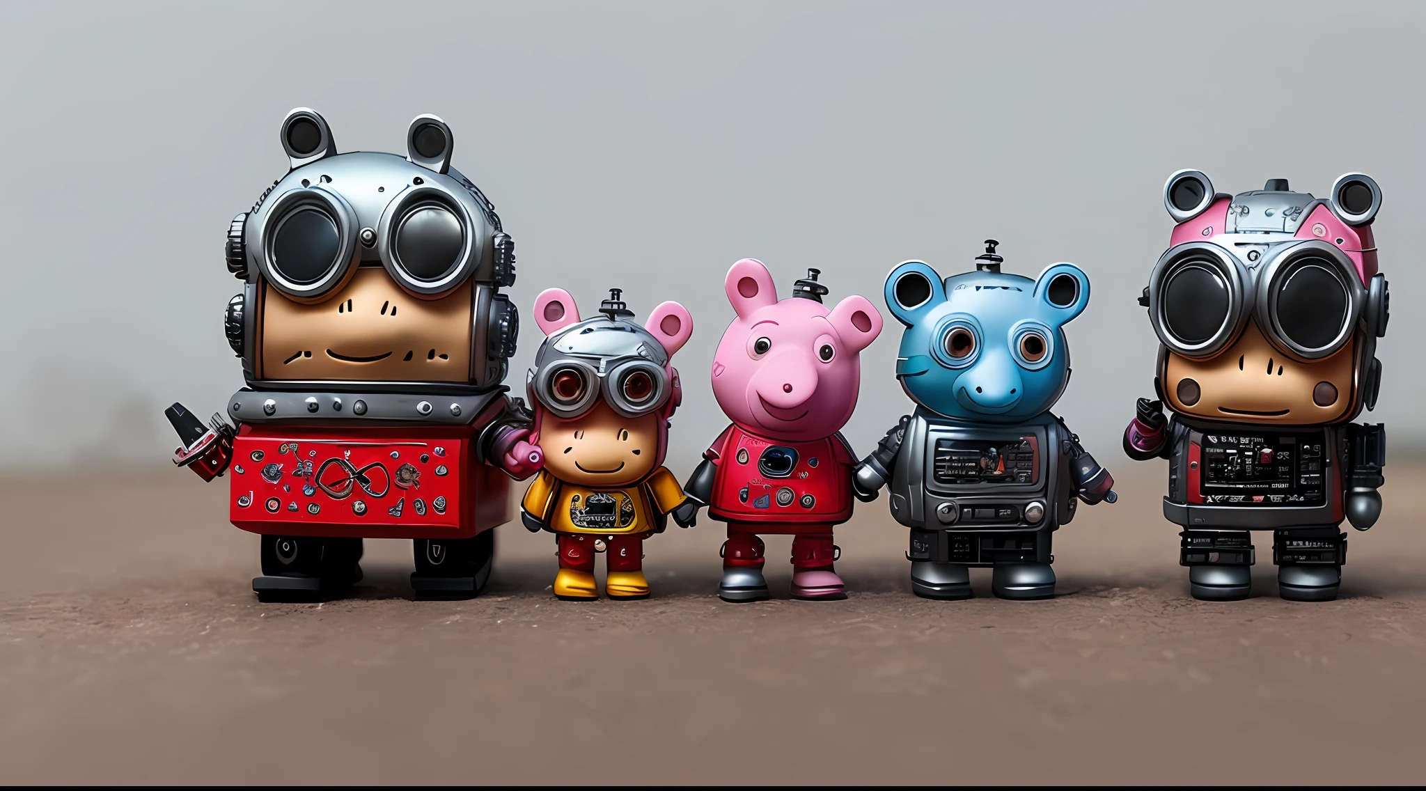cute Peppa Pig family made out of metal, cyborg, cyberpunk style, ((intricate details)), hdr, ((intricate details, hyperdetailed)), cinematic shot, vignette