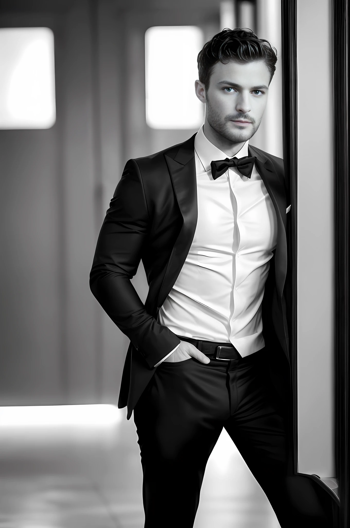 ((half body)) Photo RAW (Secret Agent Man), Cristian Grey style in movie, Wearing black suit, (Wearing dark beard) movie scene, (Impeccable), Serious and elegant man, Actor Jamie Dornan, with thick male eyebrows, secret agent 007 man style, (with mysterious and serious face,) short dark hair, elegant and elegant, dark black background image, Man similar to actor Jamie Dornan, ( high quality and realistic image), ((Best Quality, 8k, Masterpiece).