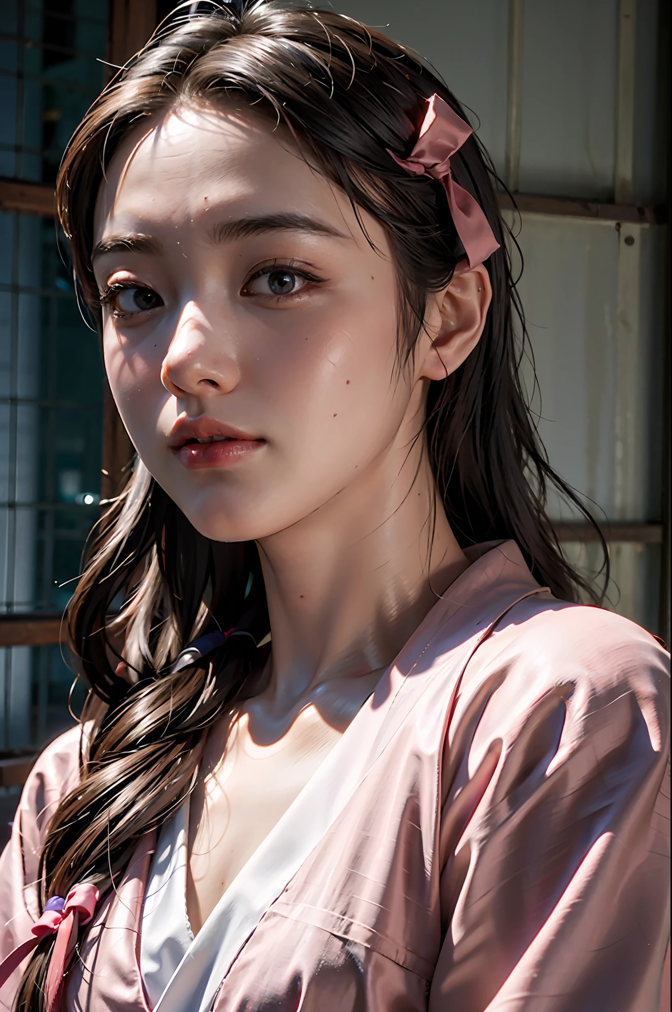 masterpiece, (photorealistic:1.5), realistic eyes, asian woman, best quality, beautiful lighting, professional lighting, photon mapping, radiosity, physically-based rendering, kamado nezuko, 1girl, black hair, forehead, hair ribbon, japanese clothes, kimono, long hair, multicolored hair, pink eyes, pink kimono, pink ribbon, ribbon, very long hair, bit gag, gagged, sky, ((aged up)), (RAW photo, 8k uhd, film grain),