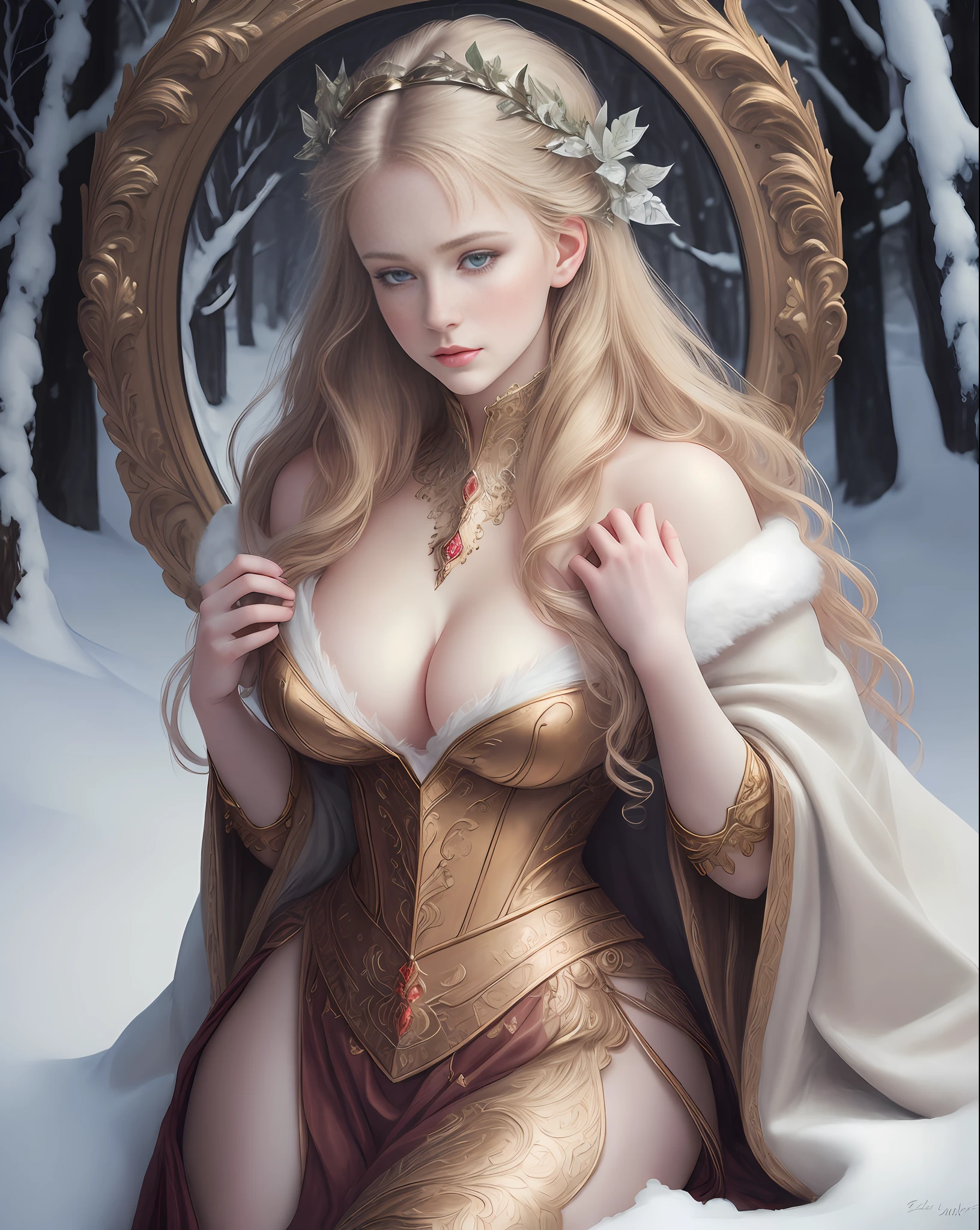 style,masterpiece, best quality, ultra-detailed, illustration, extremely delicate and beautiful,8k, best quality, masterpiece, ultra highres, Photo of a beautiful girl in styled by paul rubens and rebecca guay, melancholy winter snow, Ultra realistic and detailed mythological style, realistic portrait model, masterpiece, Eyes and real human skin in detail, HD, full body portrait, Beautiful breasts cleavage breasts.