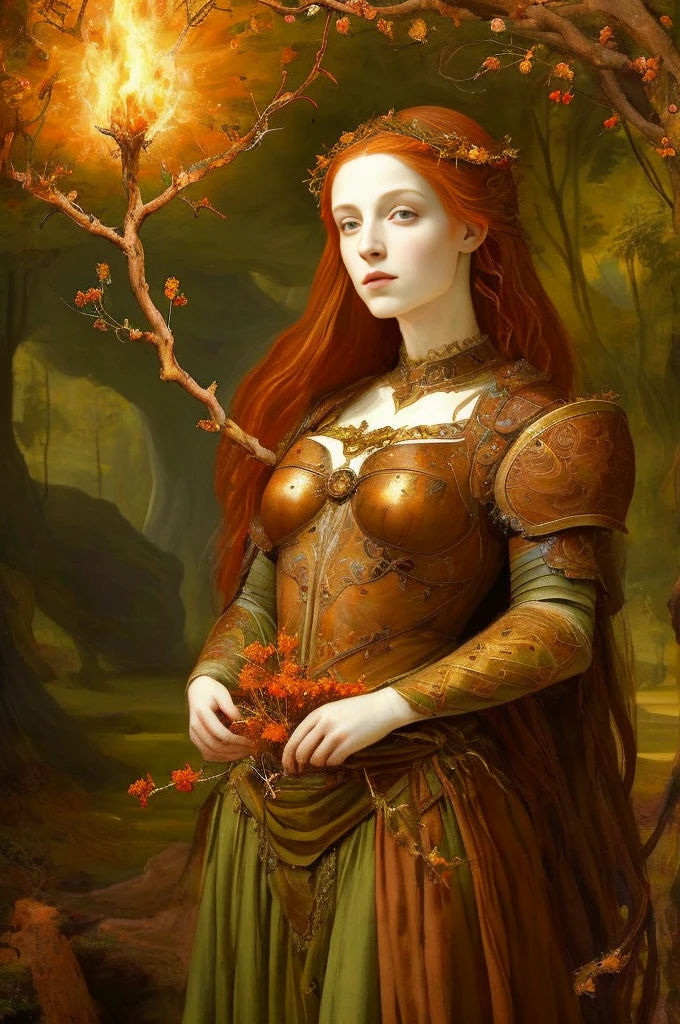 "(((Renaissance Painting))) Brigit, Celtic goddess, holding a branch of wild sorrel and dressed in flowing clothes of autumnal hues. Her copper-colored hair glows in the light, a flame high on her head emanating magic and mystery.