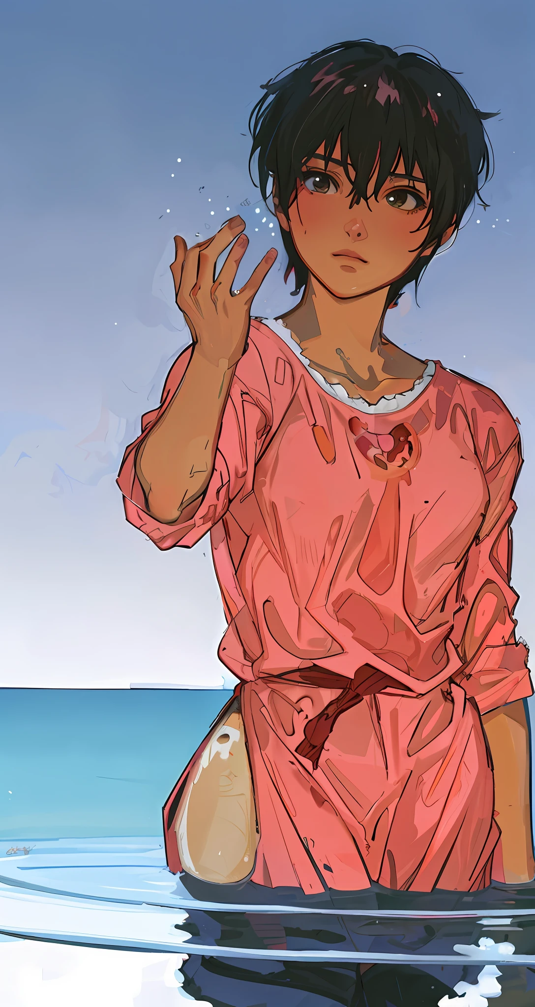 anime girl in pink dress sitting on a surfboard in the ocean, highly detailed exquisite fanart, by Shingei, inspired by Tomer Hanuka, satoshi kon artstyle, by Tomer Hanuka, lowres, artwork in the style of guweiz, detailed fanart, official fanart, makoto shinkai art style, from one piece