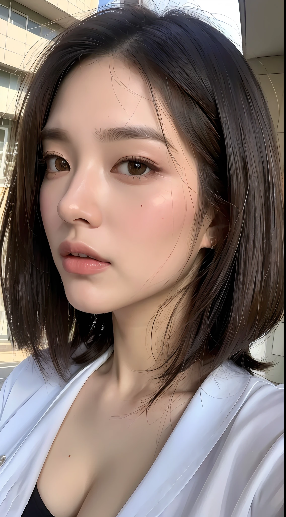 ((Best quality, 8k, Masterpiece: 1.3)), Sharp focus: 1.2, A beautiful woman with perfect body: 1.4, Slim abdomen: 1.2, ((Layered haircut, Large breasts: 1.2)), (no bra) (Small and beautiful hard nipple) (Thin and damp button up to shirt length: 1.1), (Rain, Street: 1.2), Wet body: 1.1, Highly detailed face and skin texture, Detailed eyes, Double eyelid,