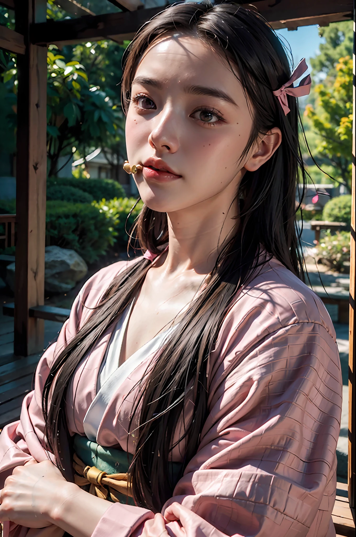 masterpiece, (photorealistic:1.5), realistic eyes, asian woman, best quality, beautiful lighting, professional lighting, photon mapping, radiosity, physically-based rendering, kamado nezuko, 1girl, black hair, forehead, hair ribbon, japanese clothes, kimono, long hair, multicolored hair, pink eyes, pink kimono, pink ribbon, ribbon, very long hair, bit gag, gagged, sky, ((aged up)), (RAW photo, 8k uhd, film grain),