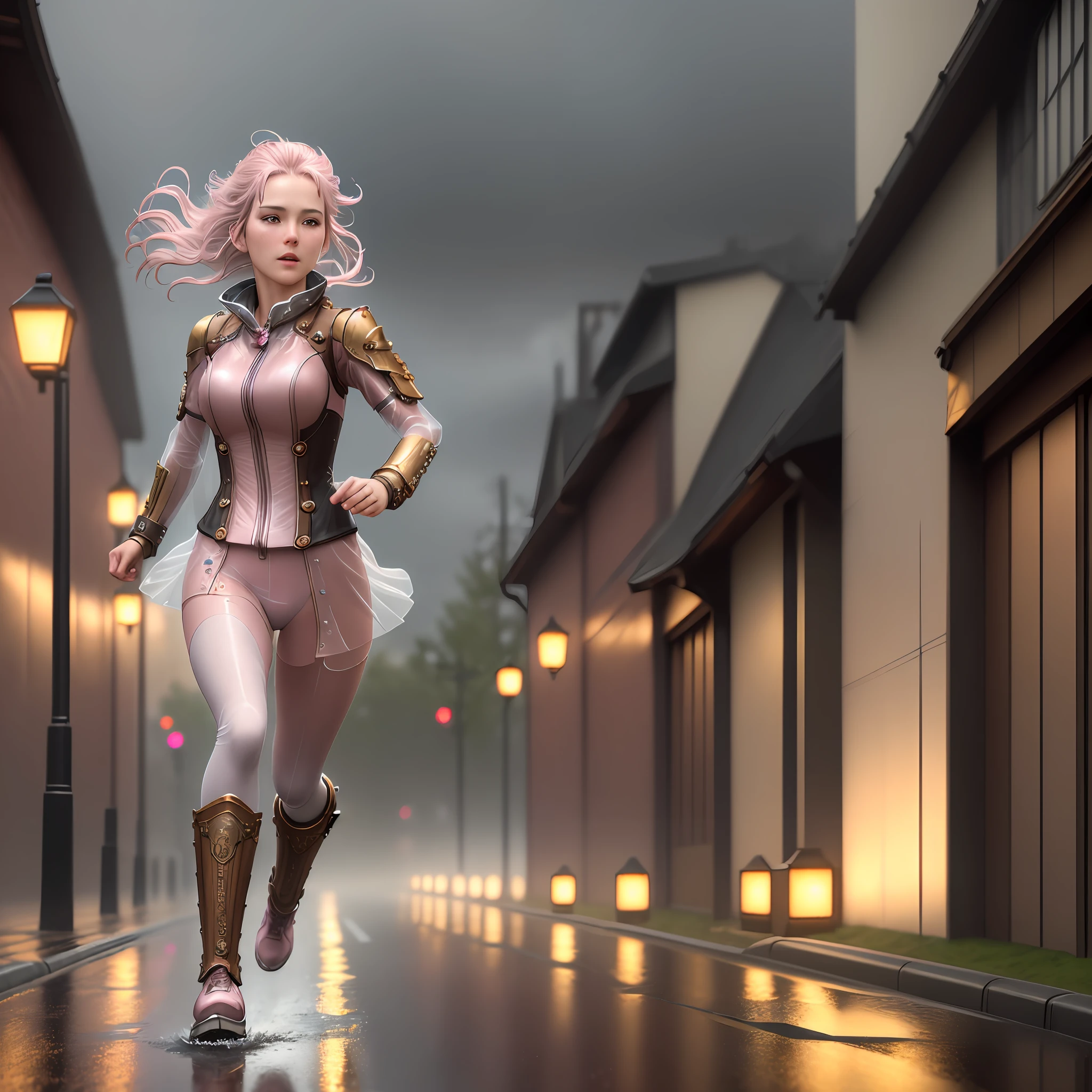 ((Best Quality)), ((Masterpiece)), (detailed:1.4), 3D)), image of a steampunk woman running in the rain, pale pink semi transparent clothing, fair skin, neojapan environment, realistic, wet hair, cinematic lighting, Fujicolor, cinematic lighting, chromatic aberration, ray tracing, atmospheric perspective, high detail, Realism, 8k, textured skin, anatomically correct, high quality, high details, best quality, highres
