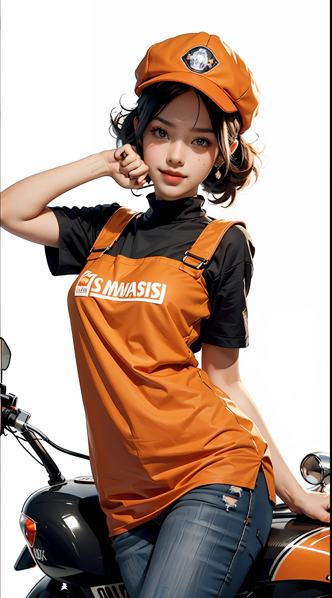 Best quality, realistic, realistic, award-winning illustration, (complicated detail: 1.2), (fine detail), (complicated detail), (cinematic lights, best quality), sharp lines, sharp focus, official art, 16k, A thin woman with smiling face, Brazilian, orange cap with black, wearing jeans, bike vespa piaggio model 1970, character design style george lucas, white background, a playful young boss, black apron uniform with orange, Amazing body, pronounced feminine feature, flirting with the camera.