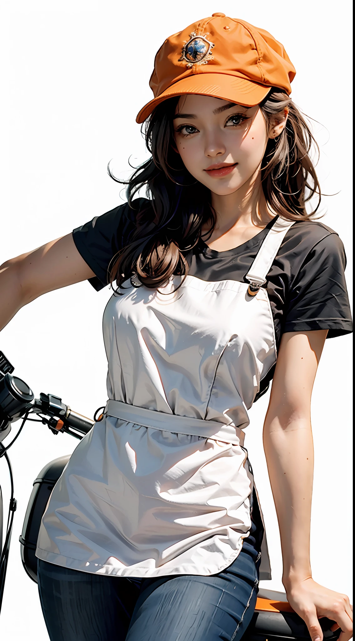 Best quality, realistic, realistic, award-winning illustration, (complicated detail: 1.2), (fine detail), (complicated detail), (cinematic lights, best quality), sharp lines, sharp focus, official art, 16k, A thin woman with smiling face, Brazilian, orange cap with black, wearing jeans, bike vespa piaggio model 1970, character design style george lucas, white background, a playful young boss, black apron uniform with orange,  Amazing body, pronounced feminine feature, flirting with the camera.