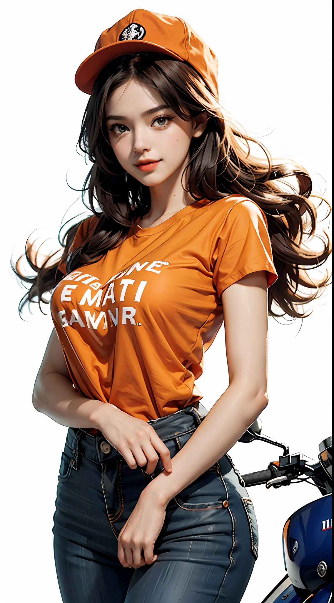 Best quality, realistic, realistic, award-winning illustration, (complicated detail: 1.2), (fine detail), (complicated detail), (cinematic lights, best quality), sharp lines, sharp focus, official art, 16k, A thin woman with smiling face, Brazilian, orange cap with black, wearing jeans, bike vespa piaggio model 1970, character design style george lucas, white background, a playful young boss, black apron uniform with orange, Amazing body, pronounced feminine feature, flirting with the camera.