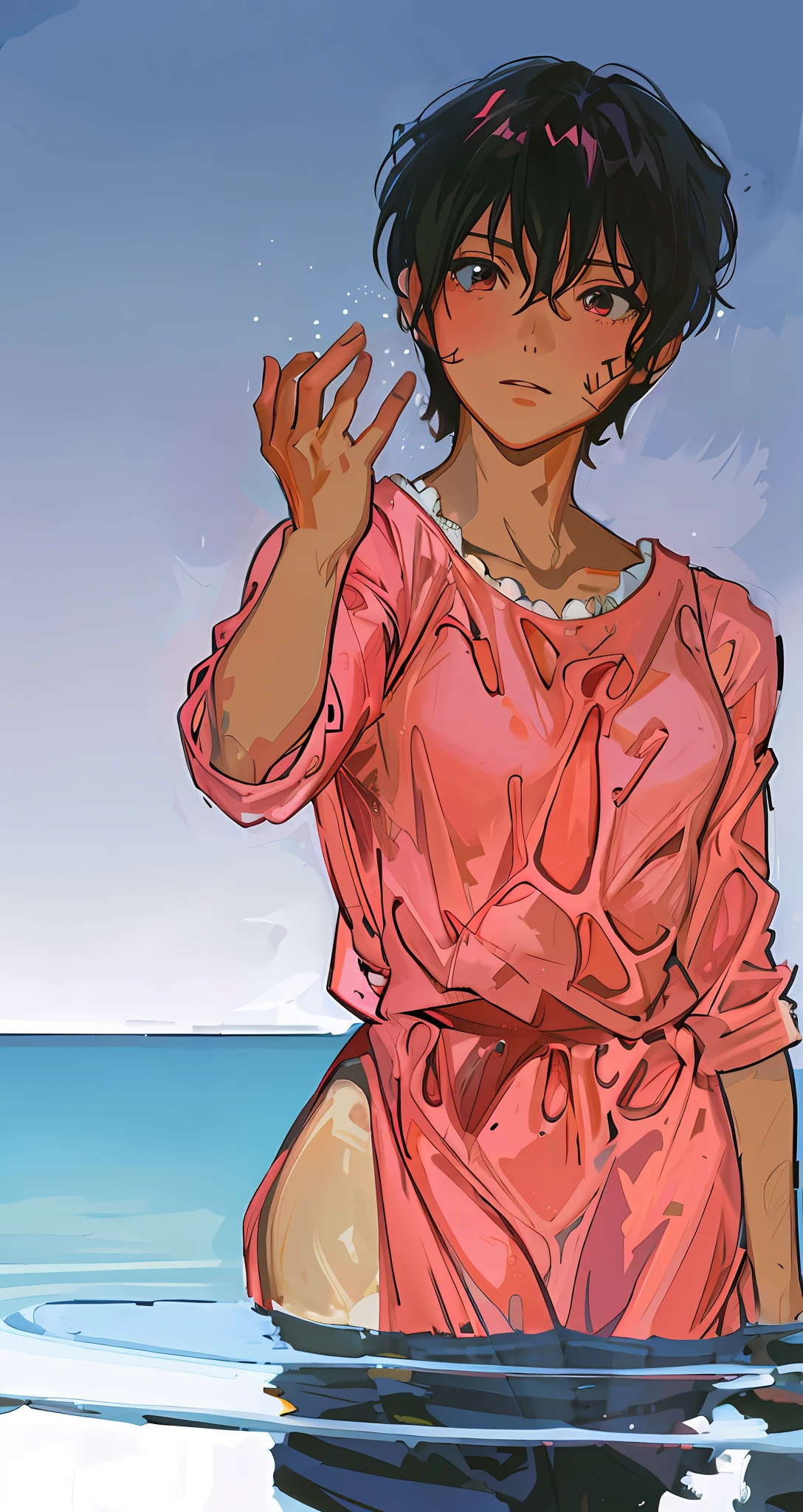 anime girl in pink dress sitting on a surfboard in the ocean, exquisite highly detailed fanart, by Shingei, inspired by Tomer Hanuka, satoshi kon artstyle, by Tomer Hanuka, lowres, guweiz style art, detailed fanart, official fanart, makoto shinkai art style, one-piece, ultra detailed pink dress, wet pink dress, half transparent dress,  Gorgeous body, curves