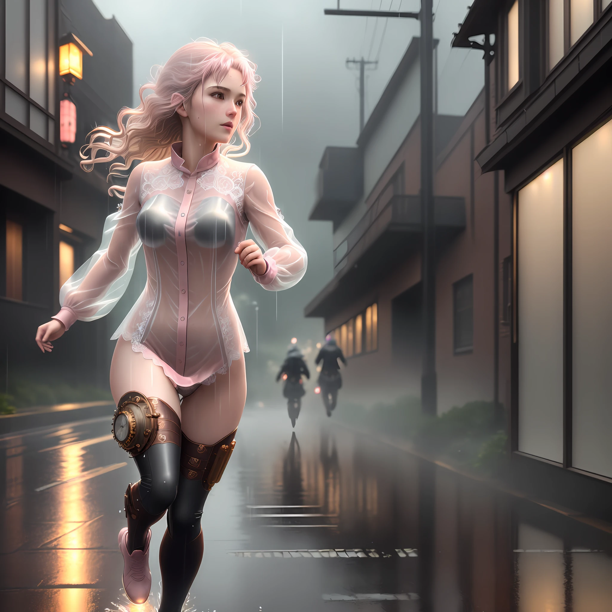 ((Best Quality)), ((Masterpiece)), (detailed:1.4), 3D)), image of a steampunk woman running in the rain, pale pink semi transparent clothing, lace, light skin, neojapan environment, realistic, wet hair, cinematic lighting, Fujicolor, cinematic lighting, chromatic aberration, ray tracing, atmospheric perspective, high detail, Realism, 8k, textured skin, anatomically correct, high quality, high details, best quality, highres, wet hair