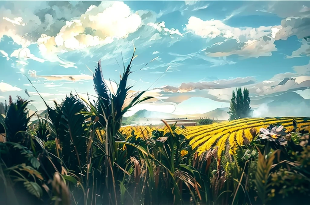 a corn field with some grains in the foreground, late summer, beautiful coloured sky, hyperrealistic digital concept art with edgy coarsebrush strokes. concept art in the style of brett amory.