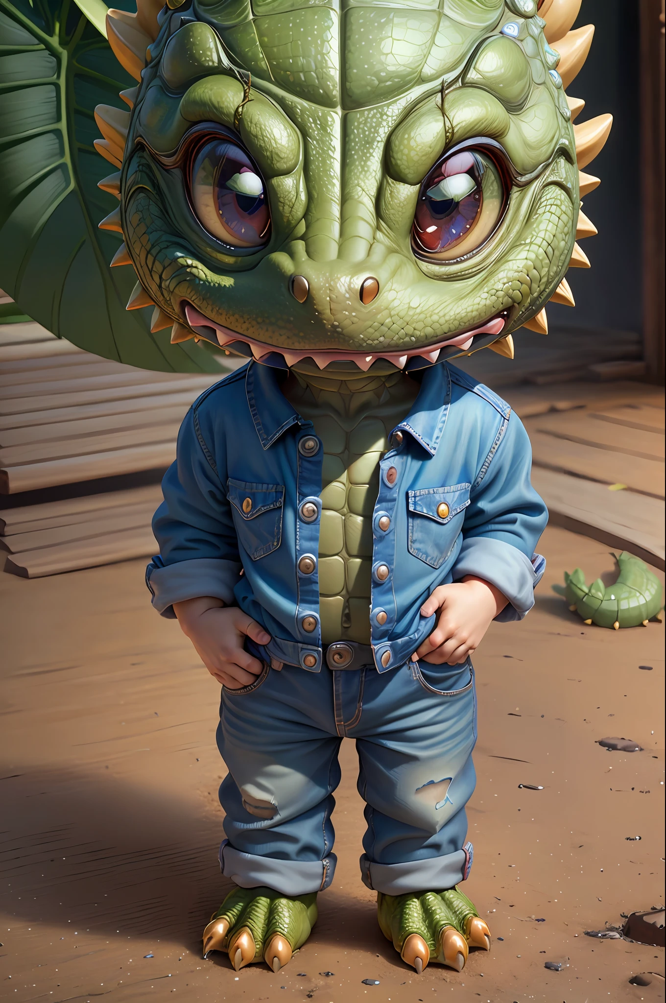 Alligator cute boy wearing jeans, big eyes, photorealistic, hyperrealistic, hyperdetailed, pokemon style, full body, humanoid, bipedal, anthropomorphic, detailed skin, matte skin, soft lighting, subsurface scattering, realistic, heavy shadow, masterpiece, best quality, ultra realistic, 8k, film photography, soft focus charismatic mascot