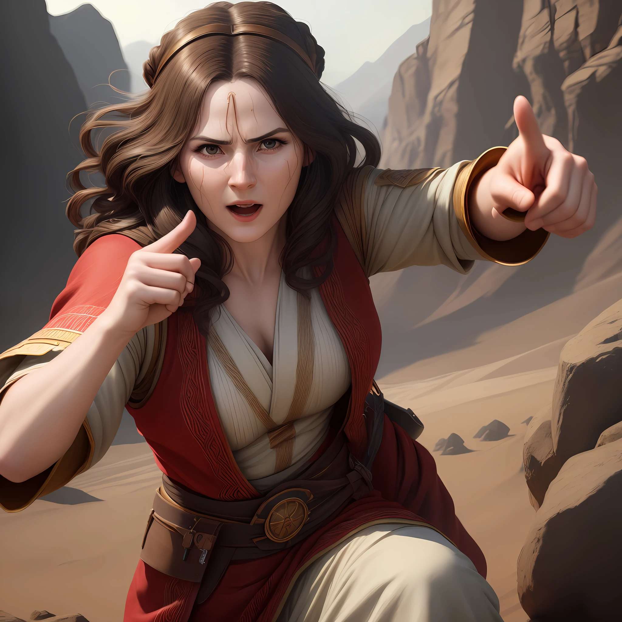 a woman pointing her finger as if she were fighting,image of the time of Moses detailing very cinematic realistic in 4k