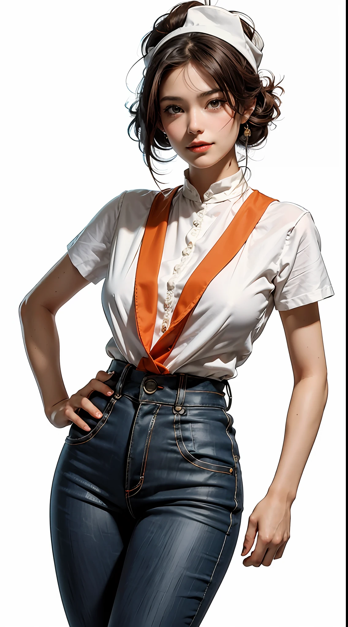 Best quality, realistic, award-winning illustration, (complicated detail: 1.2), (fine detail), (complicated detail), (cinematic lights, best quality), sharp lines, sharp focus, official art, 16k, on a white background, A thin woman with smiling face, Brazilian, orange cap with black, medium hair black color, wearing jeans posing for a photo, motorcycle wasp model 1970, character design style george lucas, White background, a playful young boss, black apron uniform with orange, amazing body, pronounced feminine characteristic, flirting with the camera.