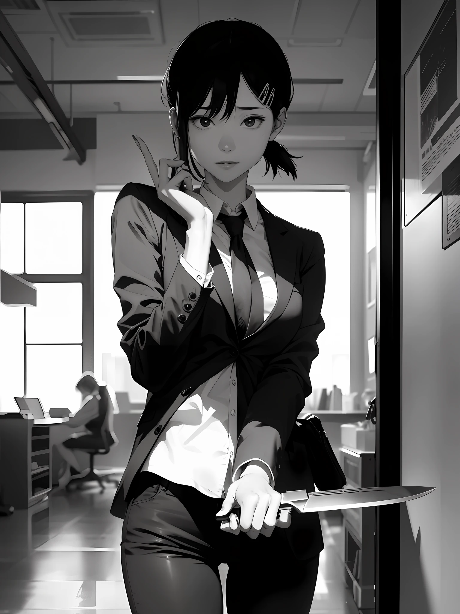 absurd, highres, ultra detailed, (1girl:1.3),
BREAK
, Create a minimalist design, with clean lines, simple shapes, and a focus on composition and balance.
BREAK
, Creates an environment of seduction and libido where a girl explores her body in a seductive way.
BREAK
, Capture an image in low light, with minimal lighting and a focus on the subtle details and atmosphere of the scene.
BREAK
, Creates a scene of a girl holding a realistic knife, she standing posing with the gun, wearing office clothes jacket and tie.