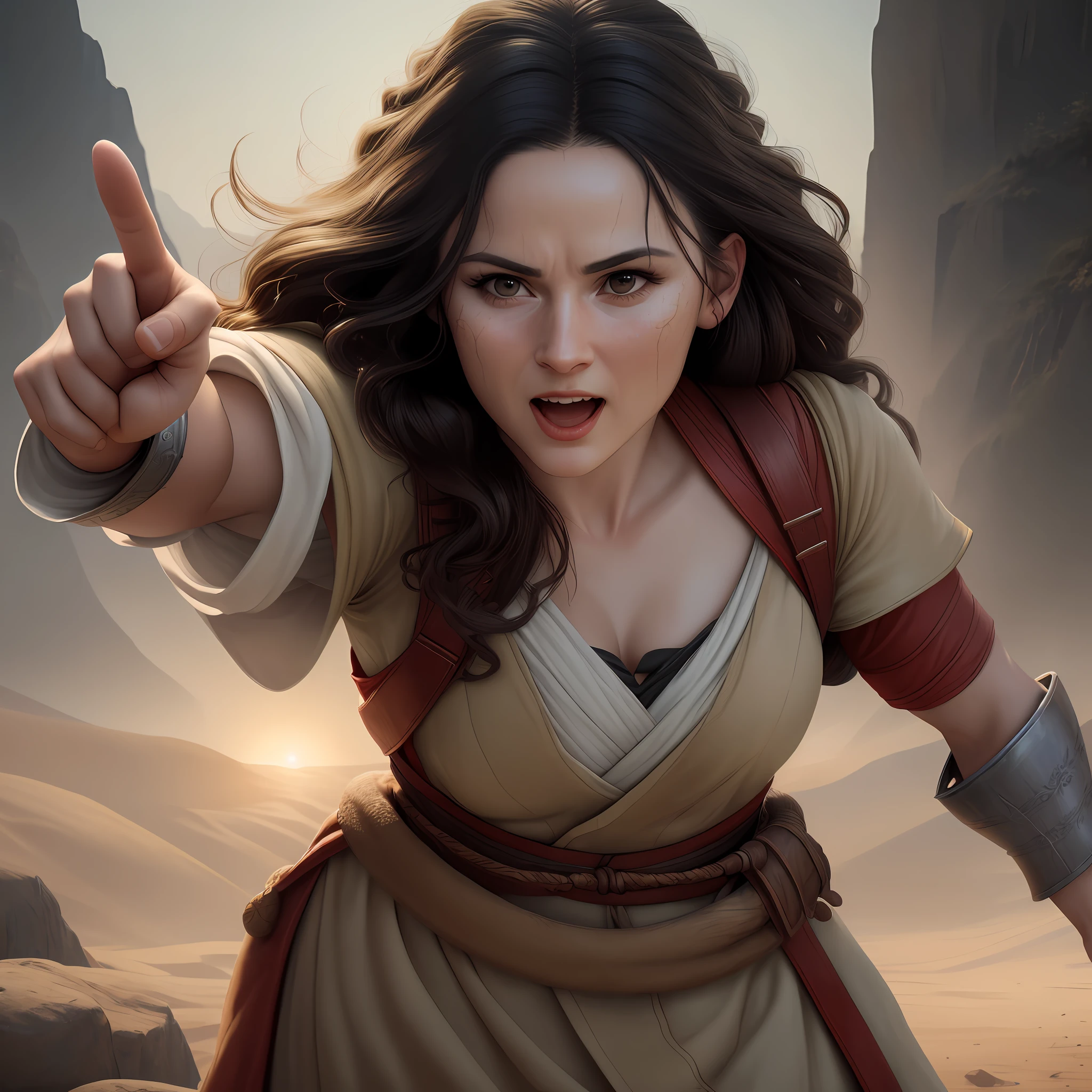 a woman pointing her finger as if she were fighting,image of the time of Moses detailing very cinematic realistic in 4k