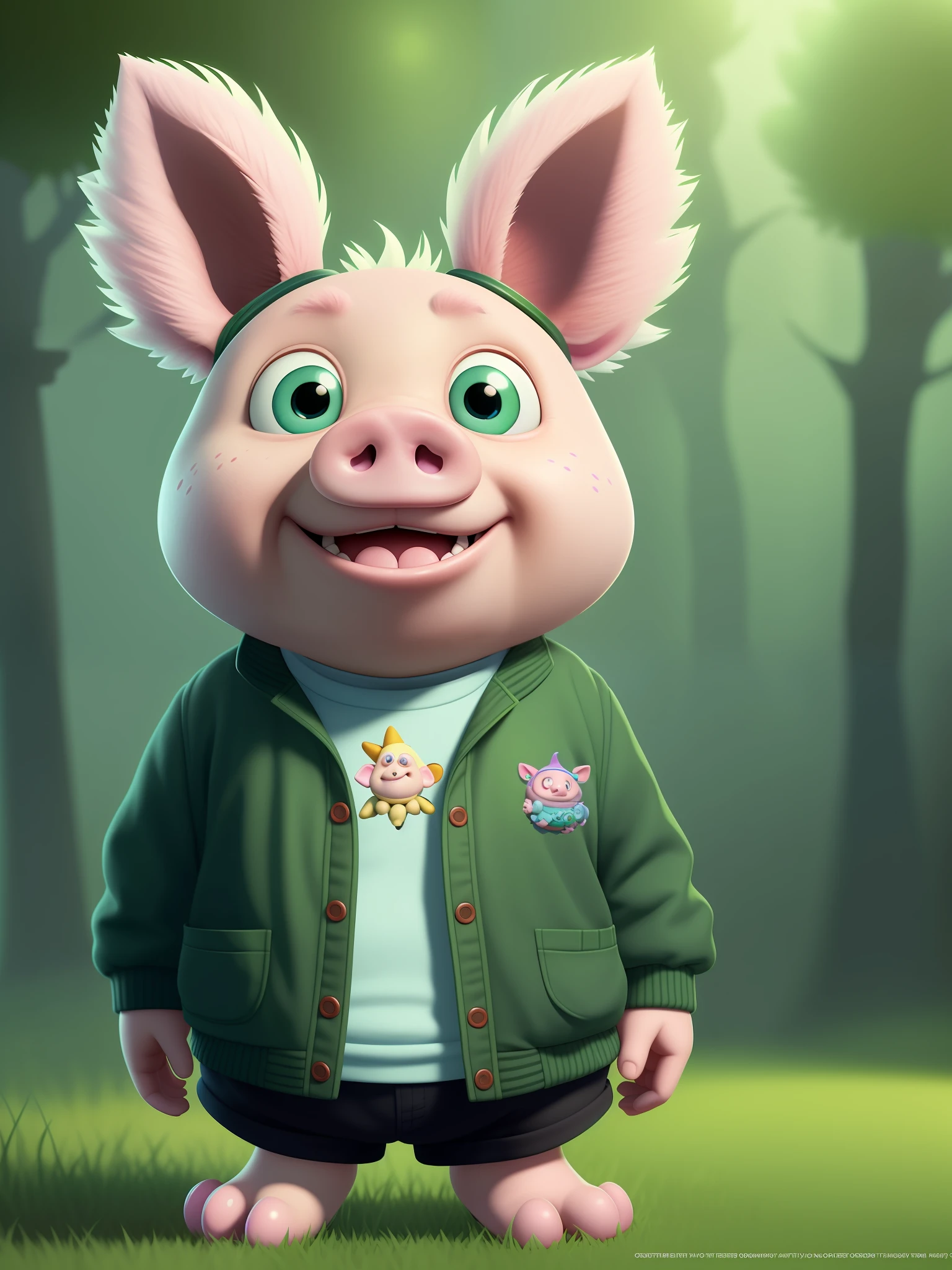 (unity 8k CG wallpaper extremely detailed, masterpiece, best quality, super detailed), cartoon, cute, depth of field, cute little pig, smiling, mascotery, infinite background, humanoid, cute face, green jacket, sympathetic smile,black pants, sneakers, art station, detailed digital painting, cinematic, character design by Mark Ryden and pixar and hayao miyazaki, unreal 5, daz, hyperrealistic,  octane rendering
